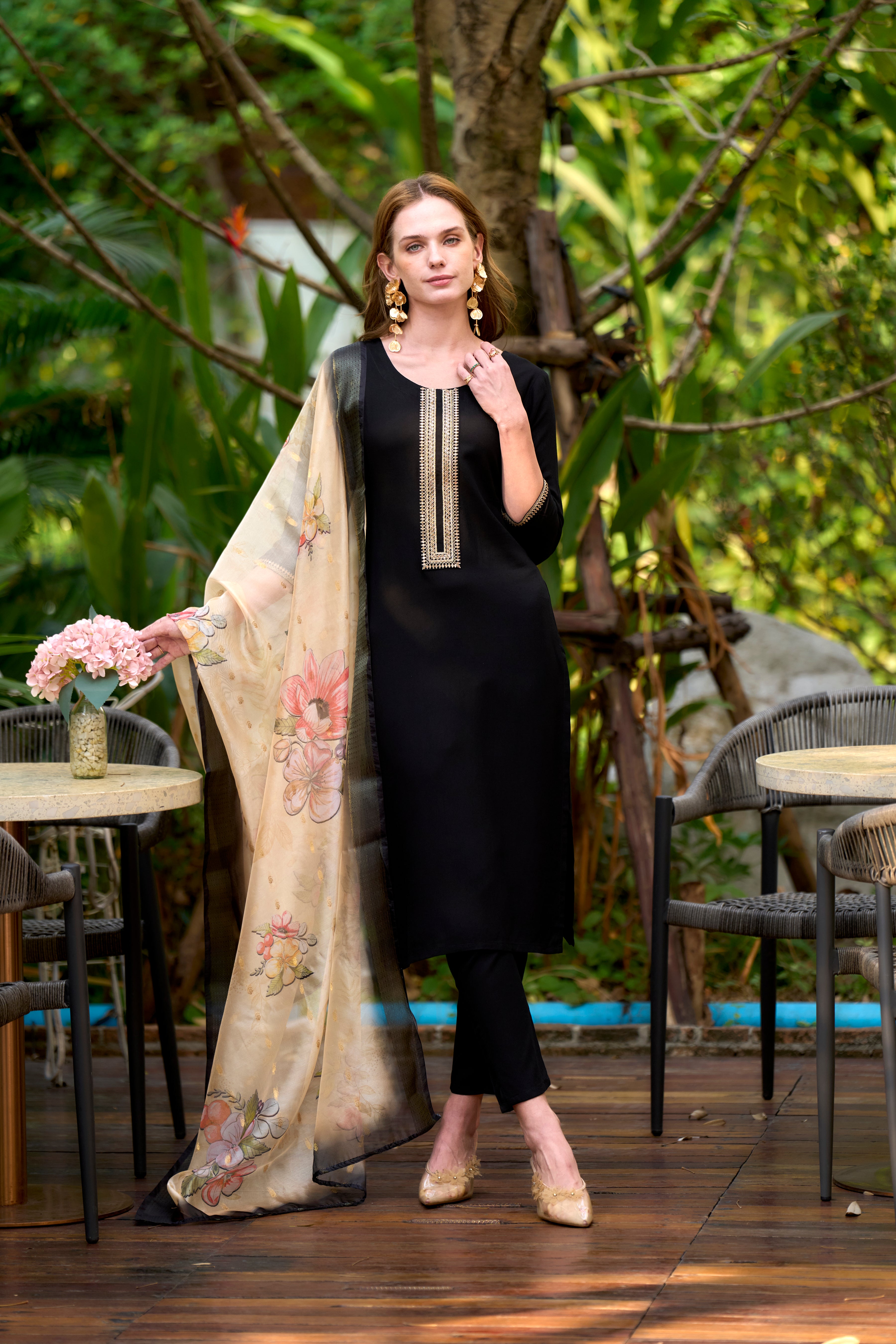 Black Viscos Rayon Straight Festive & Party Kurta Set by Her Couture