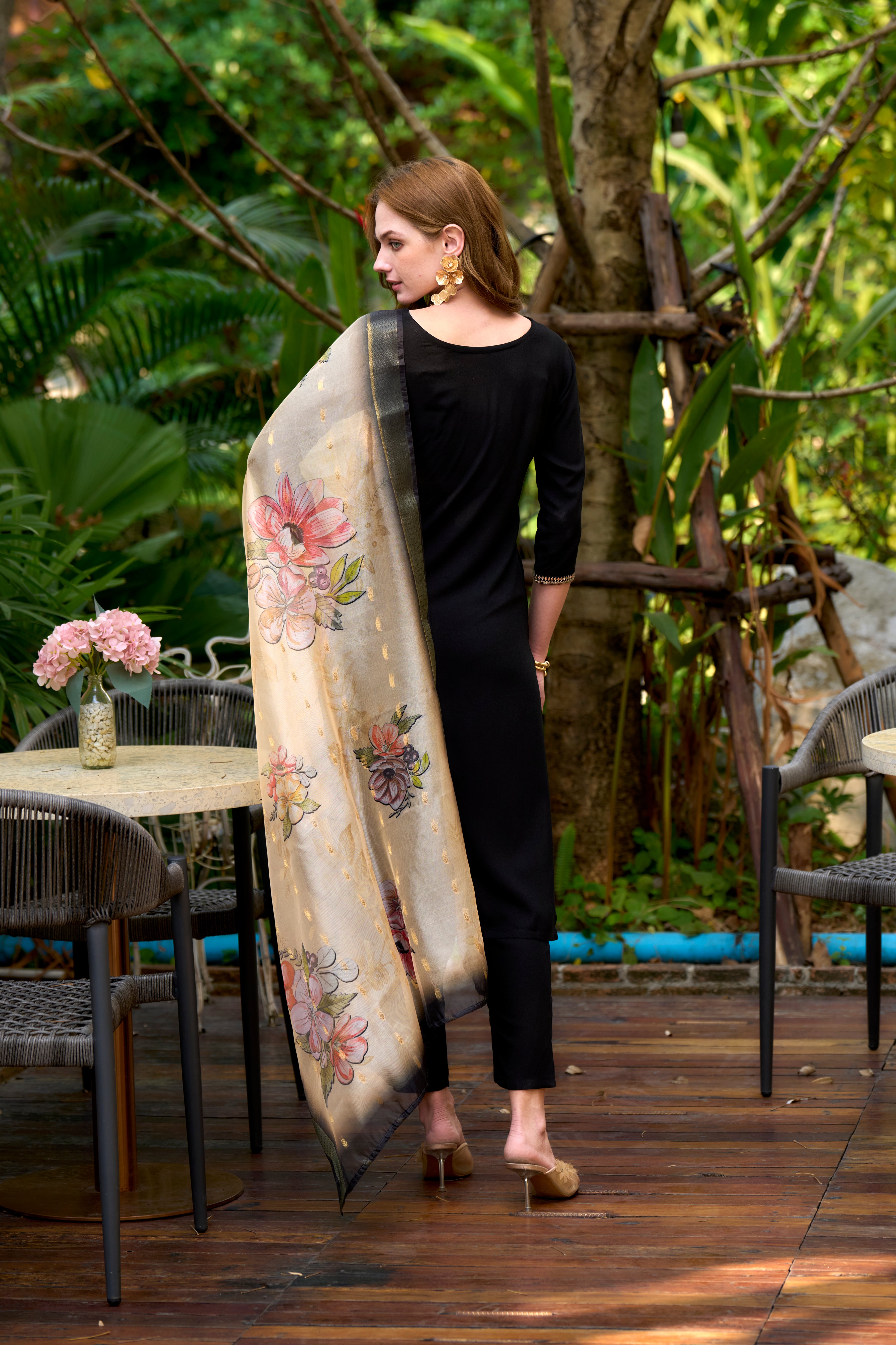 Her Couture Women's Black Viscos Rayon Embroidered Straight Kurta With Pant & Printed Dupatta