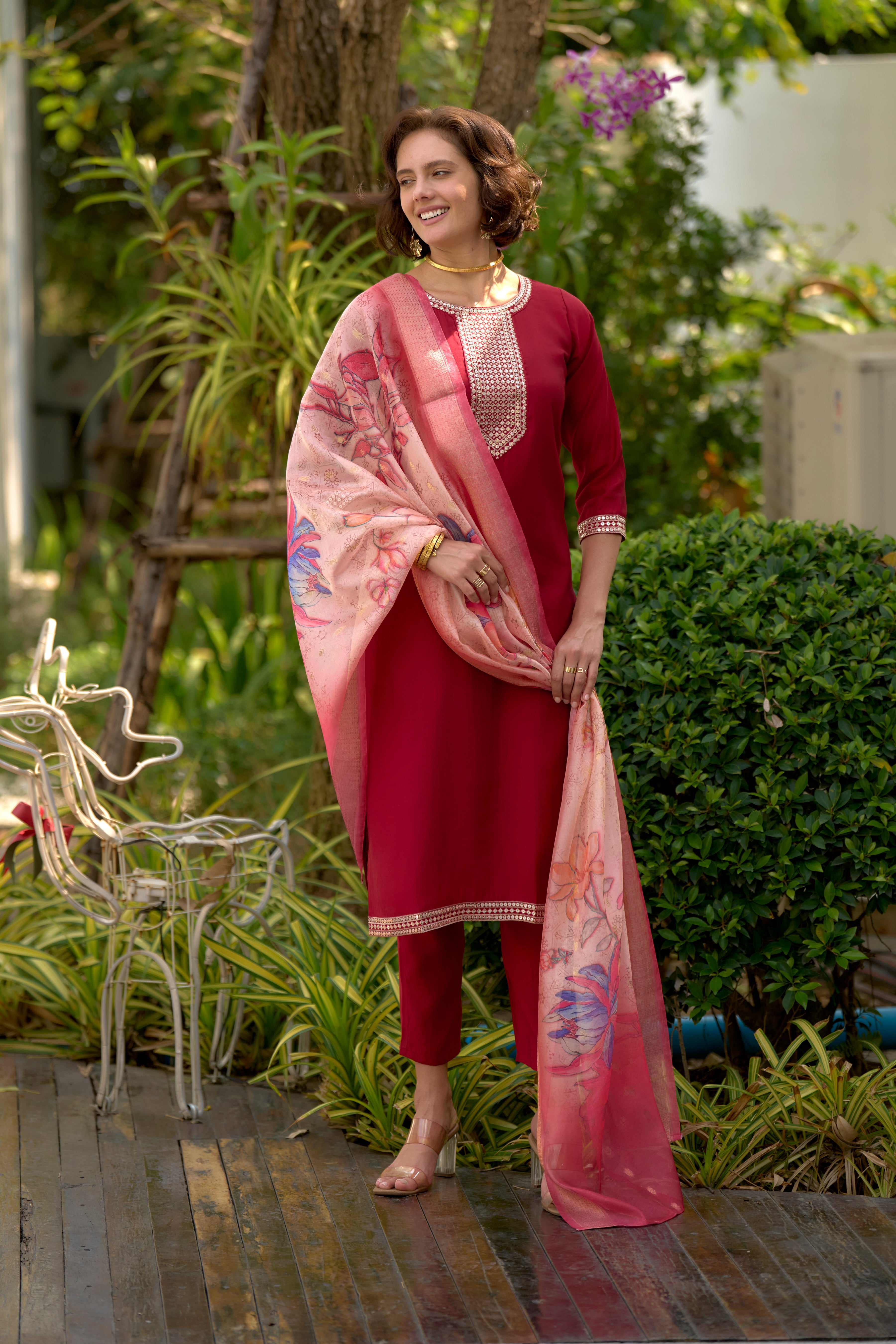 Red Roman Silk Straight Festive & Party Kurta Set by Her Couture