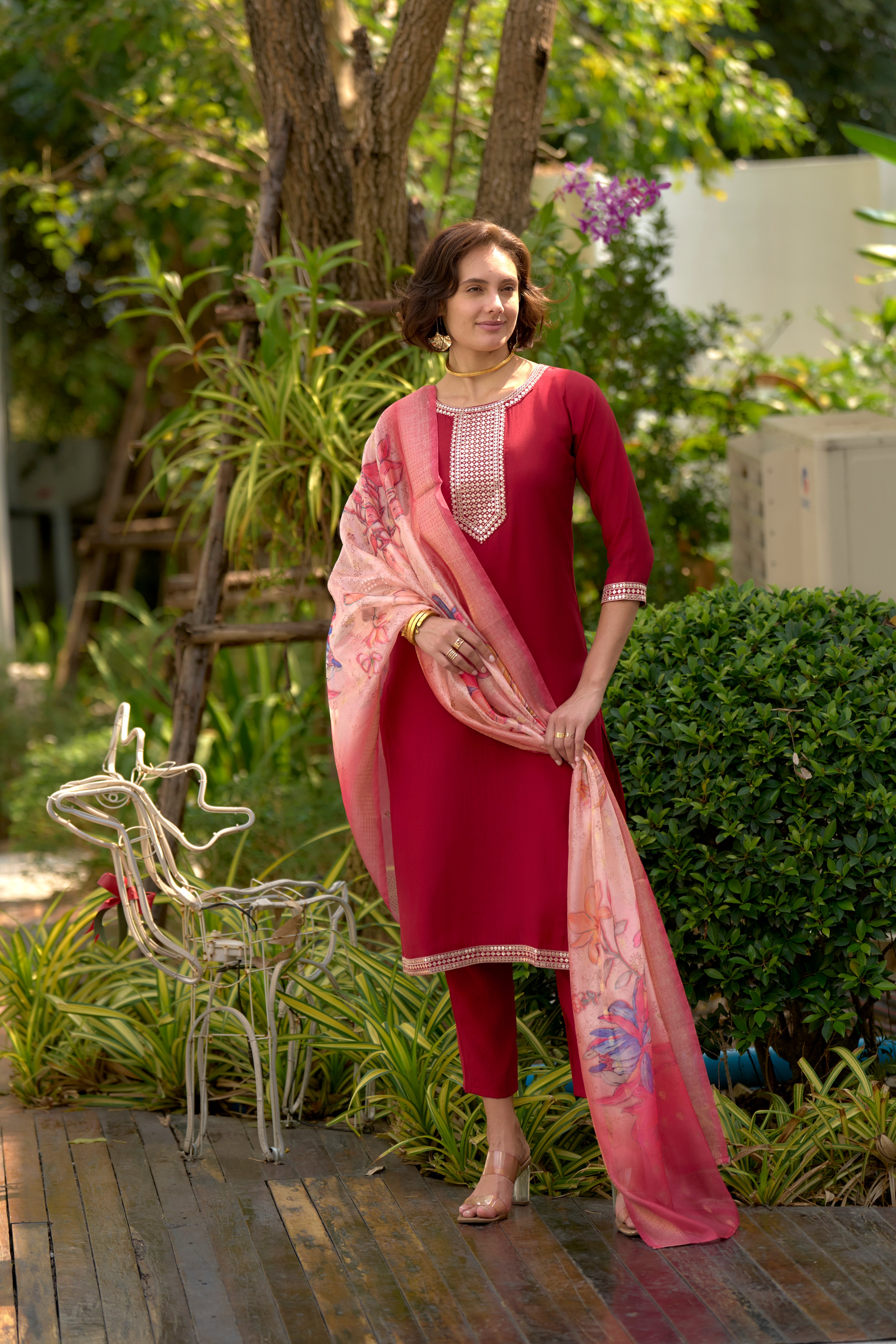 Her Couture Women's Red Roman Silk Embroidered Straight Kurta With Pant & Printed Dupatta