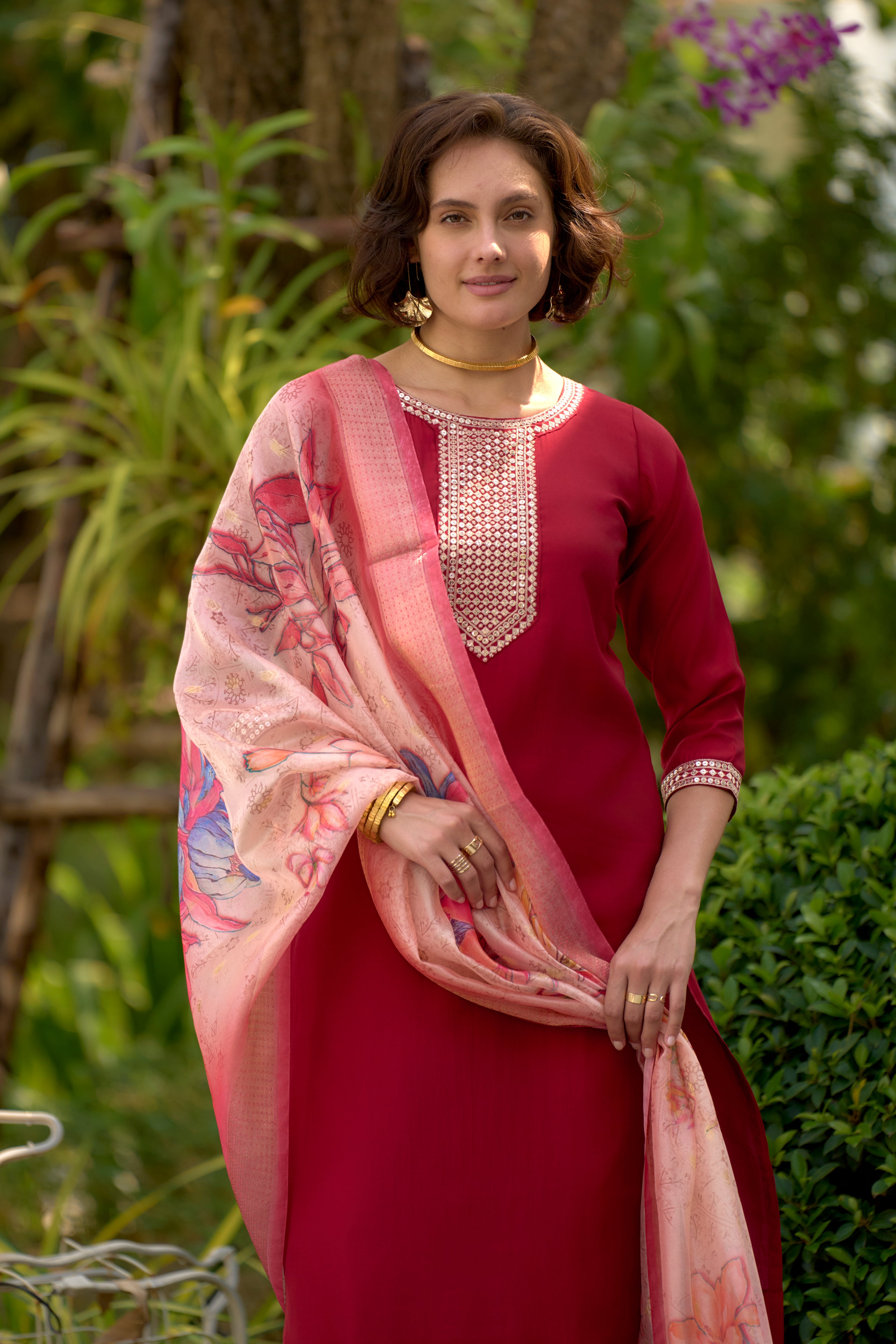 Her Couture Women's Red Roman Silk Embroidered Straight Kurta With Pant & Printed Dupatta