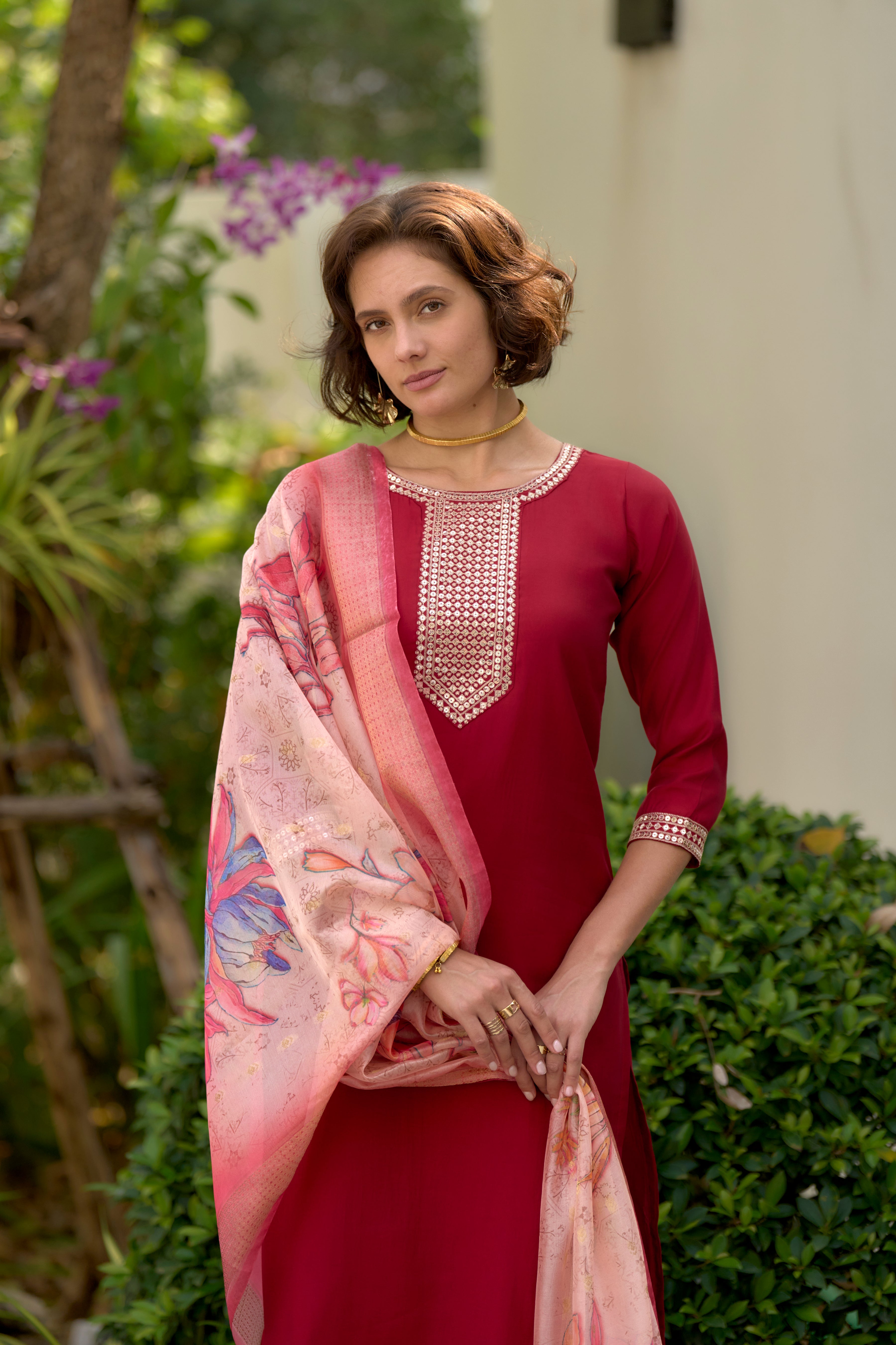 Her Couture Women's Red Roman Silk Embroidered Straight Kurta With Pant & Printed Dupatta