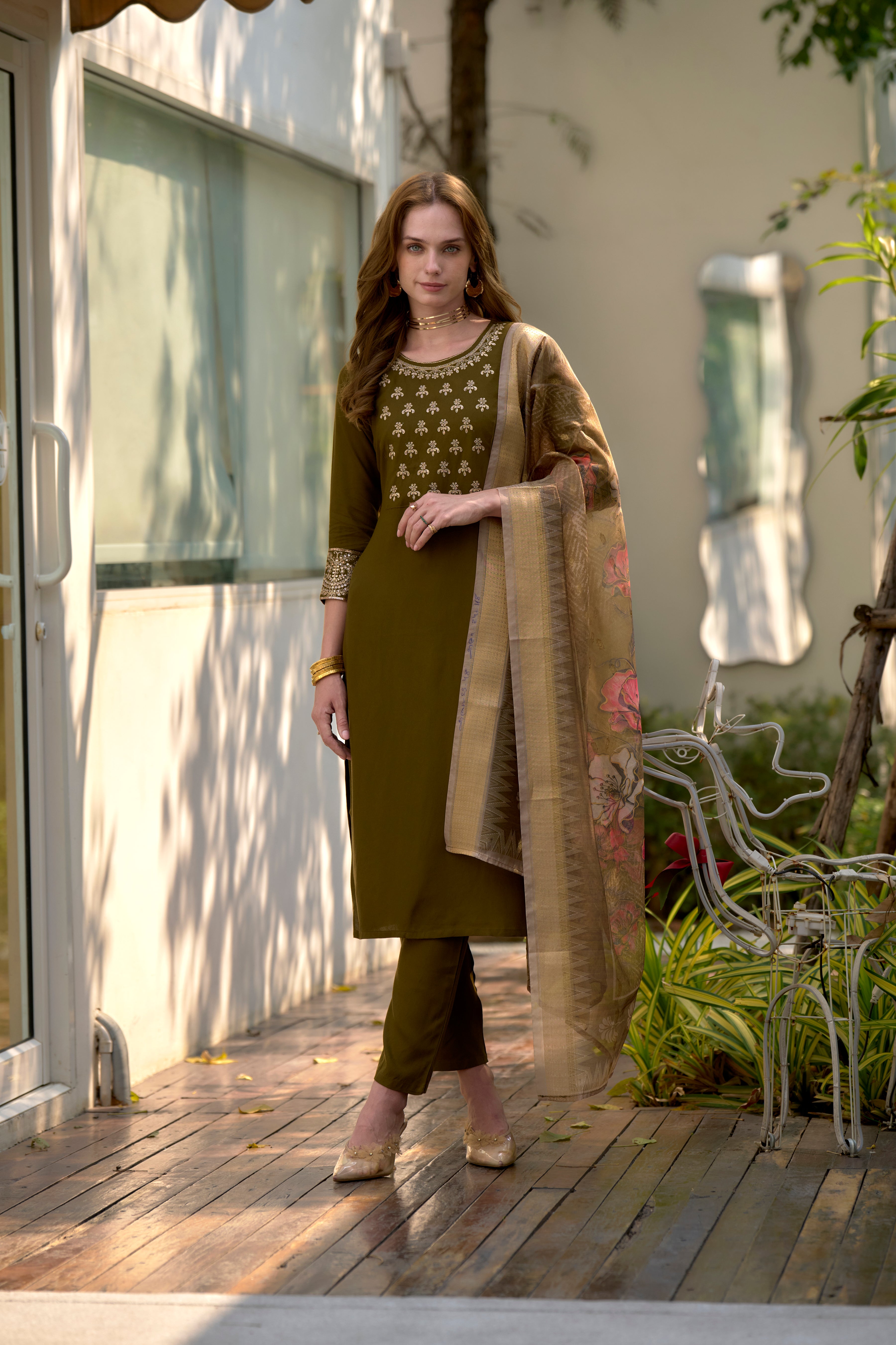Olive Green Rayon Straight Festive & Party Kurta Set by Her Couture