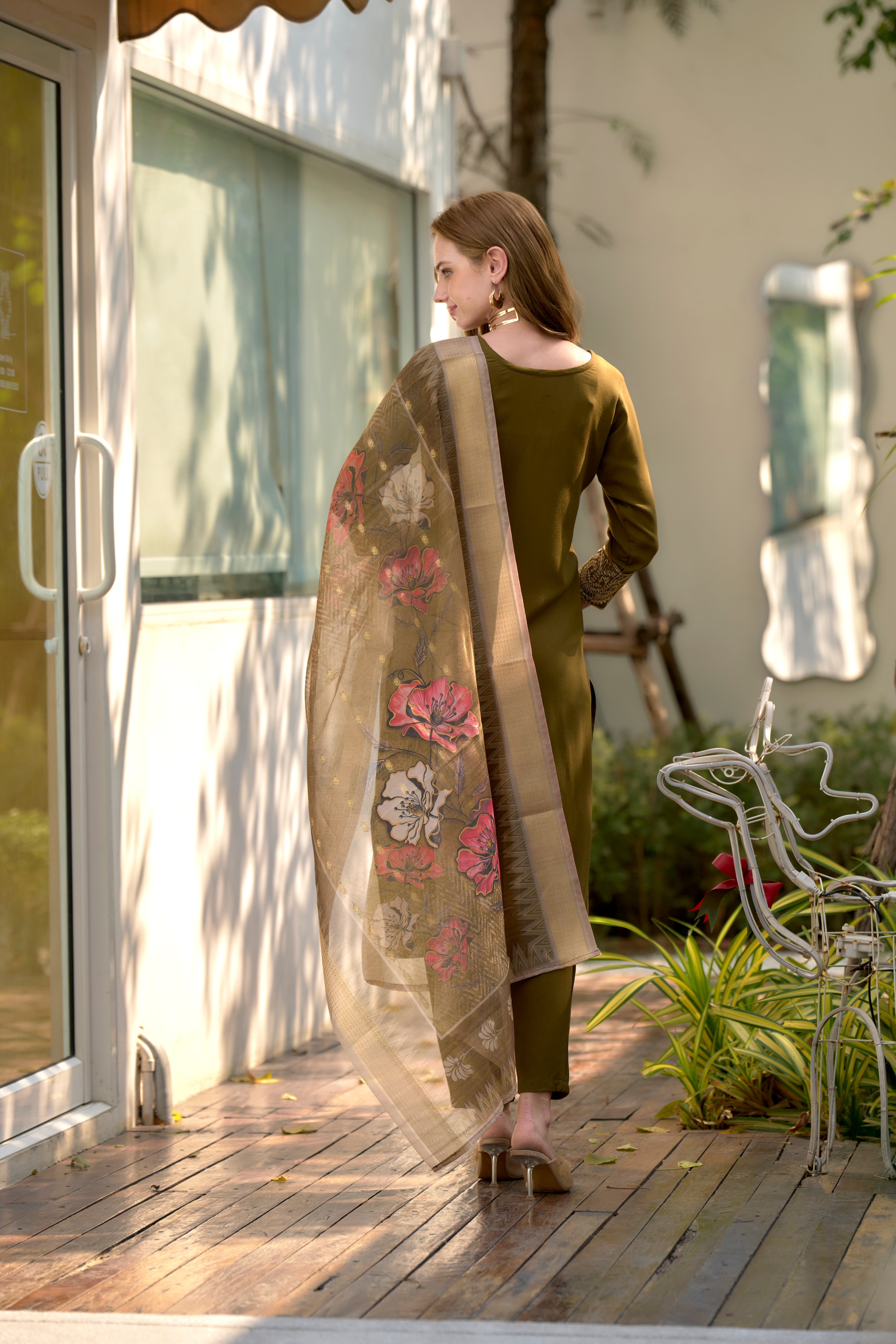 Her Couture Women's Olive Green Rayon Embroidered Straight Kurta With Pant & Printed Dupatta