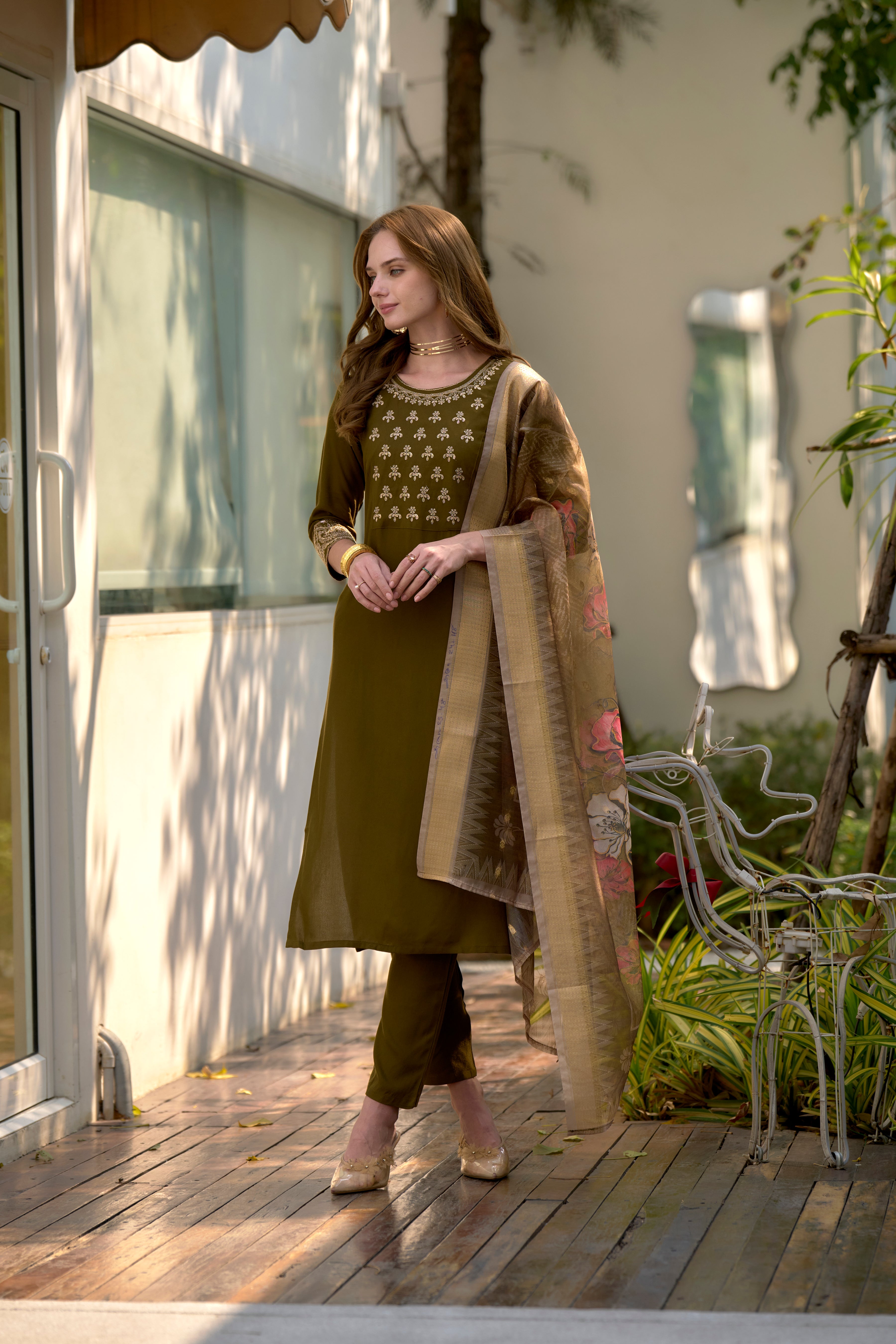 Her Couture Women's Olive Green Rayon Embroidered Straight Kurta With Pant & Printed Dupatta