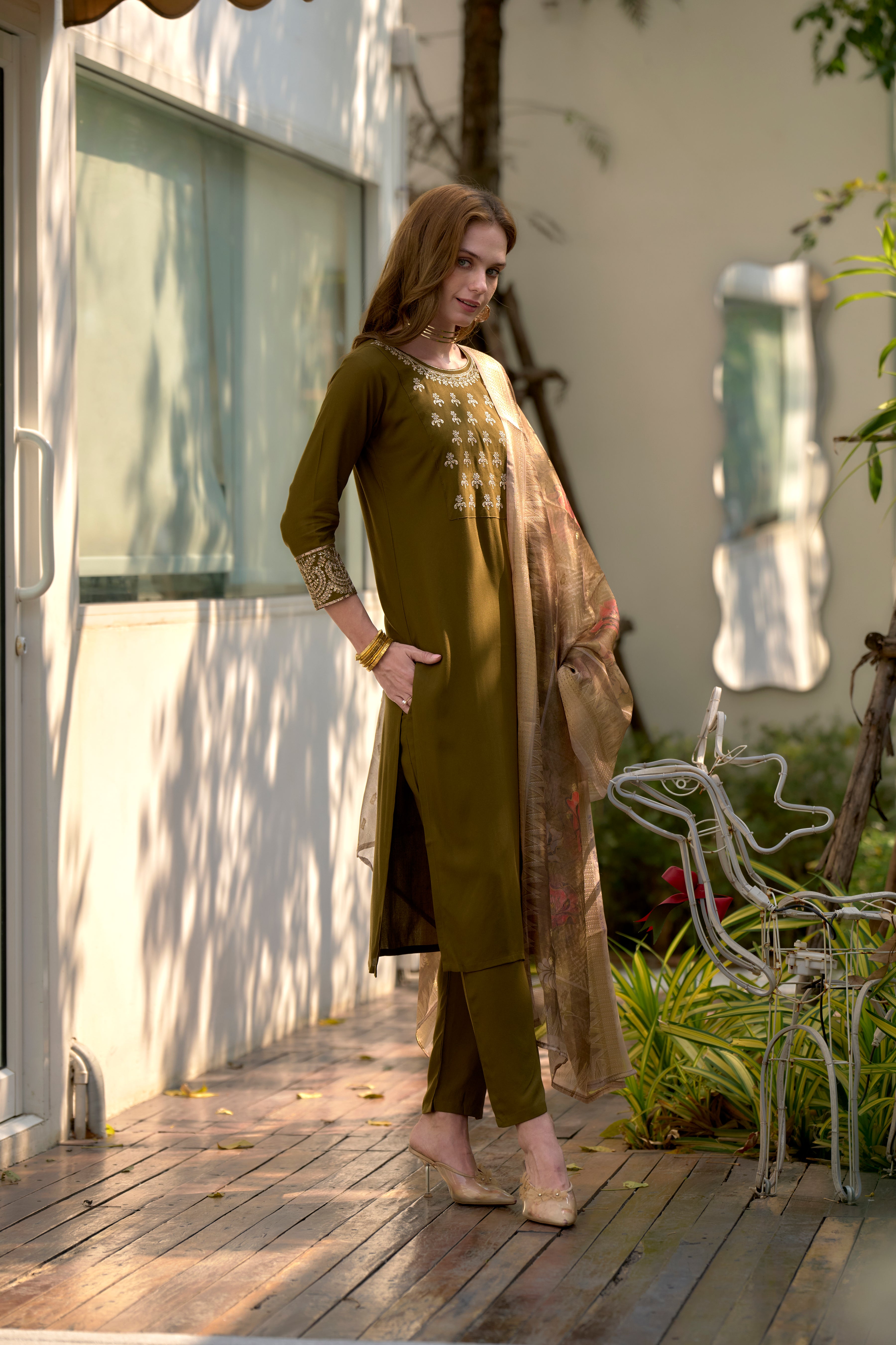 Her Couture Women's Olive Green Rayon Embroidered Straight Kurta With Pant & Printed Dupatta