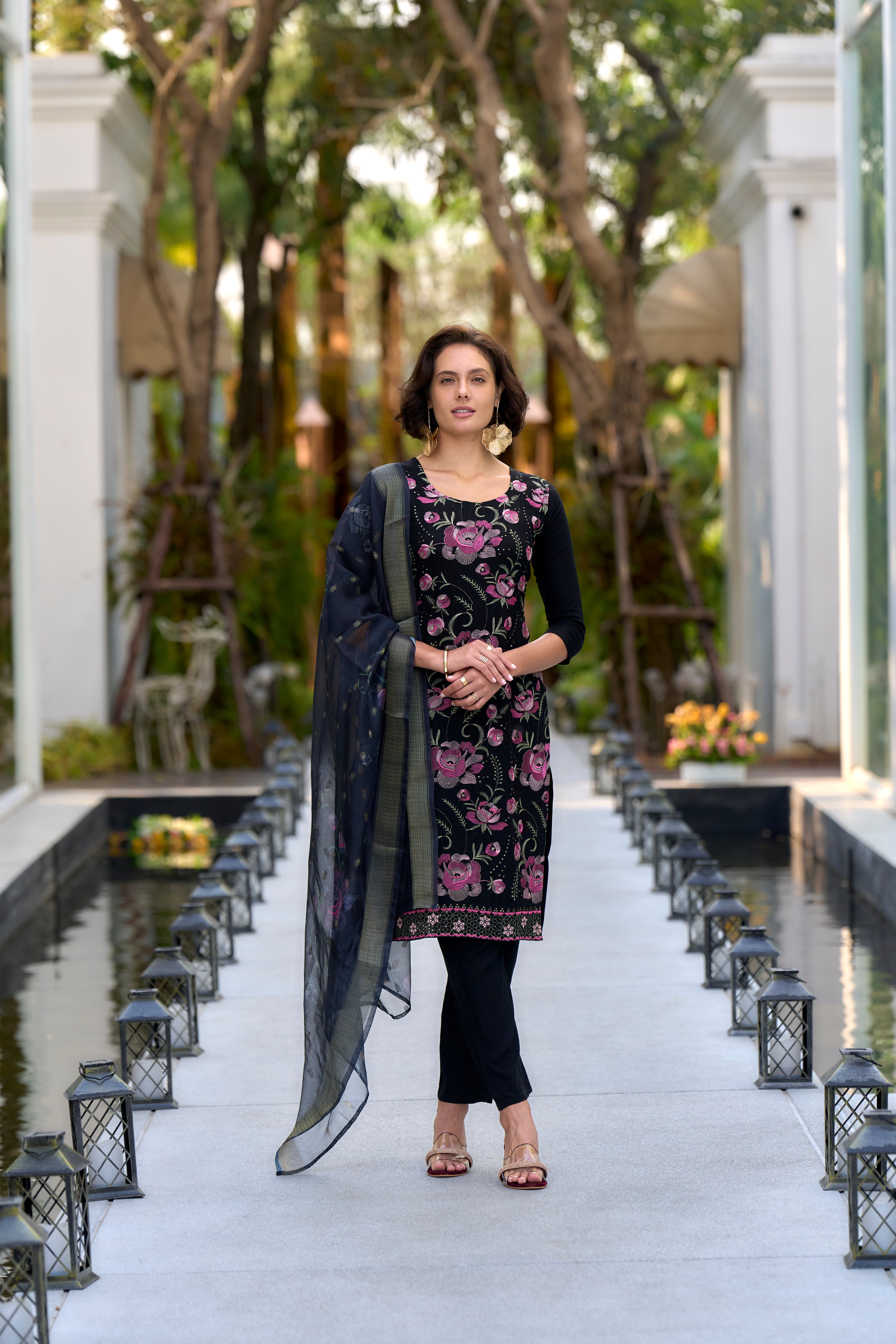 Black Rayon Straight Festive & Party Kurta Set by Her Couture