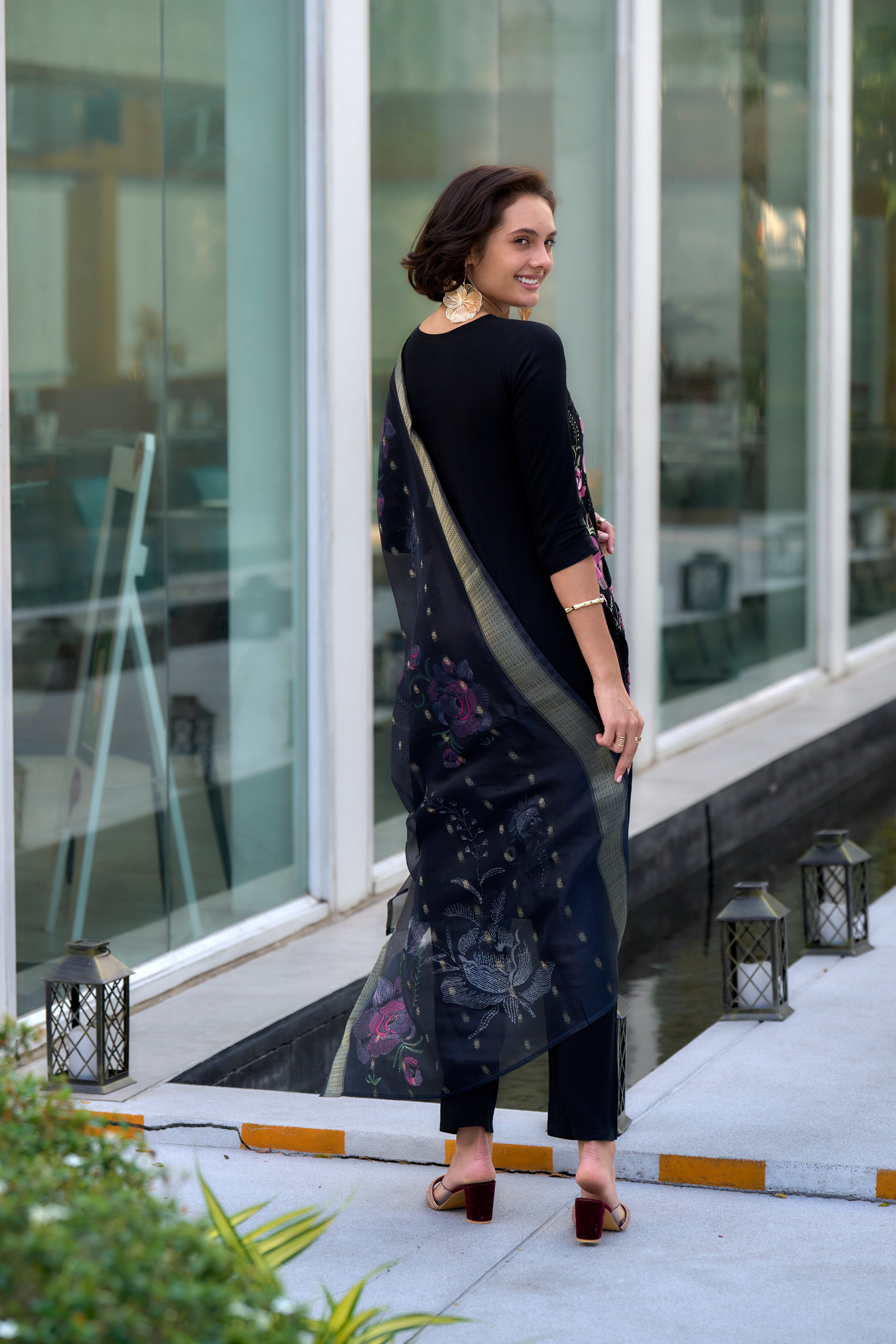 Her Couture Women's Black Rayon Embroidered Straight Kurta With Pant & Printed Dupatta