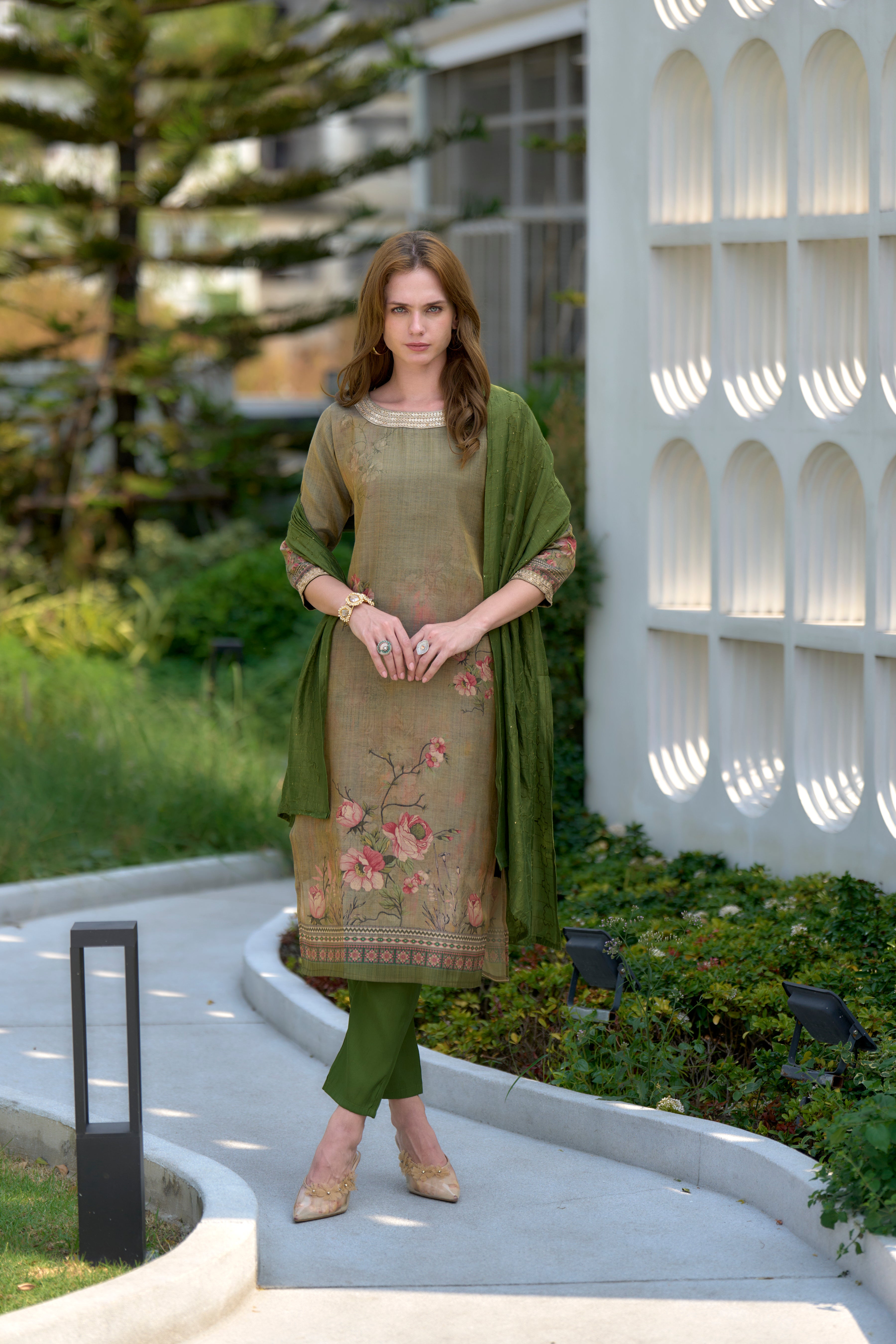Bronze Tissue Silk Straight Festive & Party Kurta Set by Her Couture