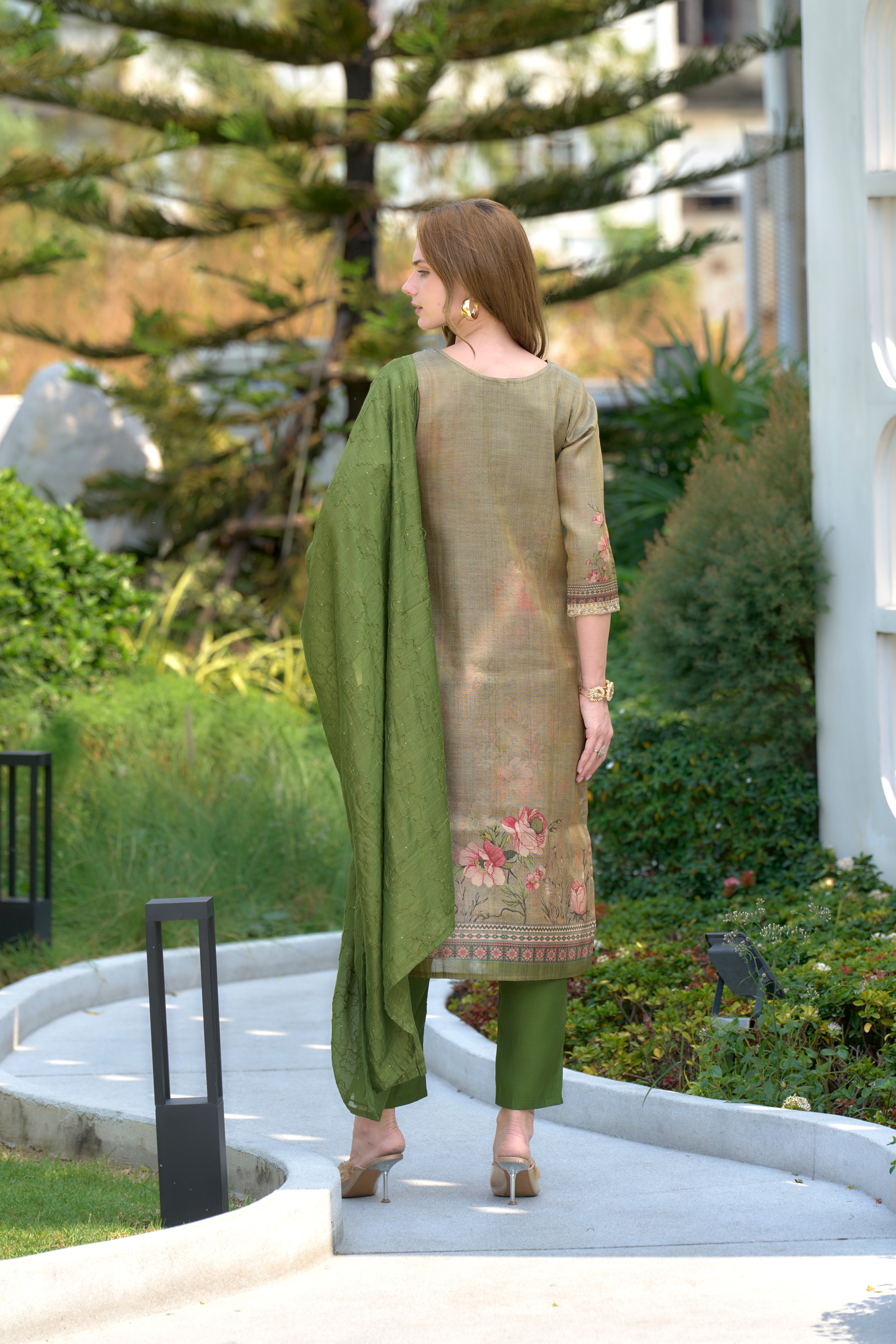 Her Couture Women's Bronze Tissue Silk Embroidered Straight Kurta With Pant & Printed Dupatta