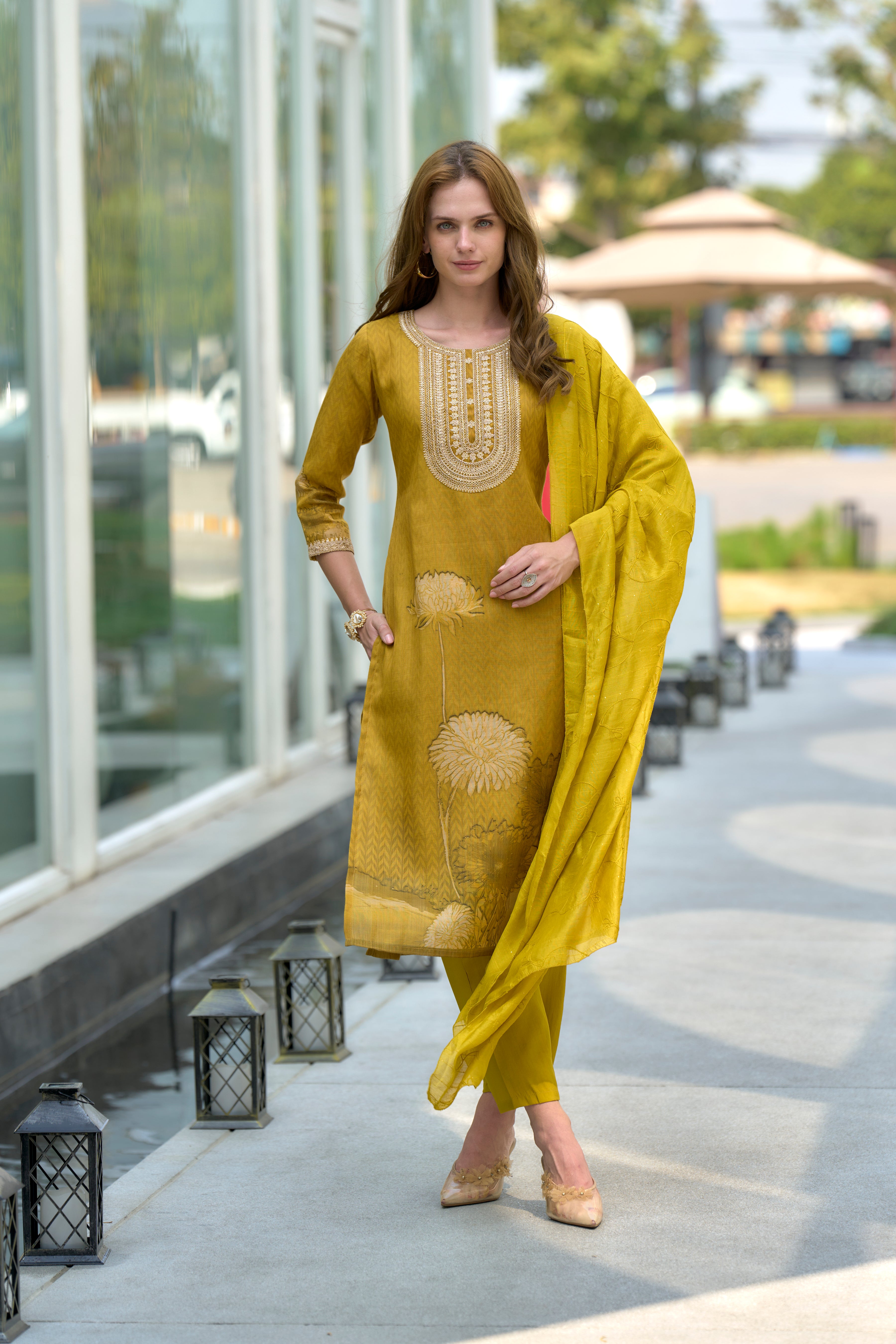 Mustard Tissue Silk Straight Festive & Party Kurta Set by Her Couture