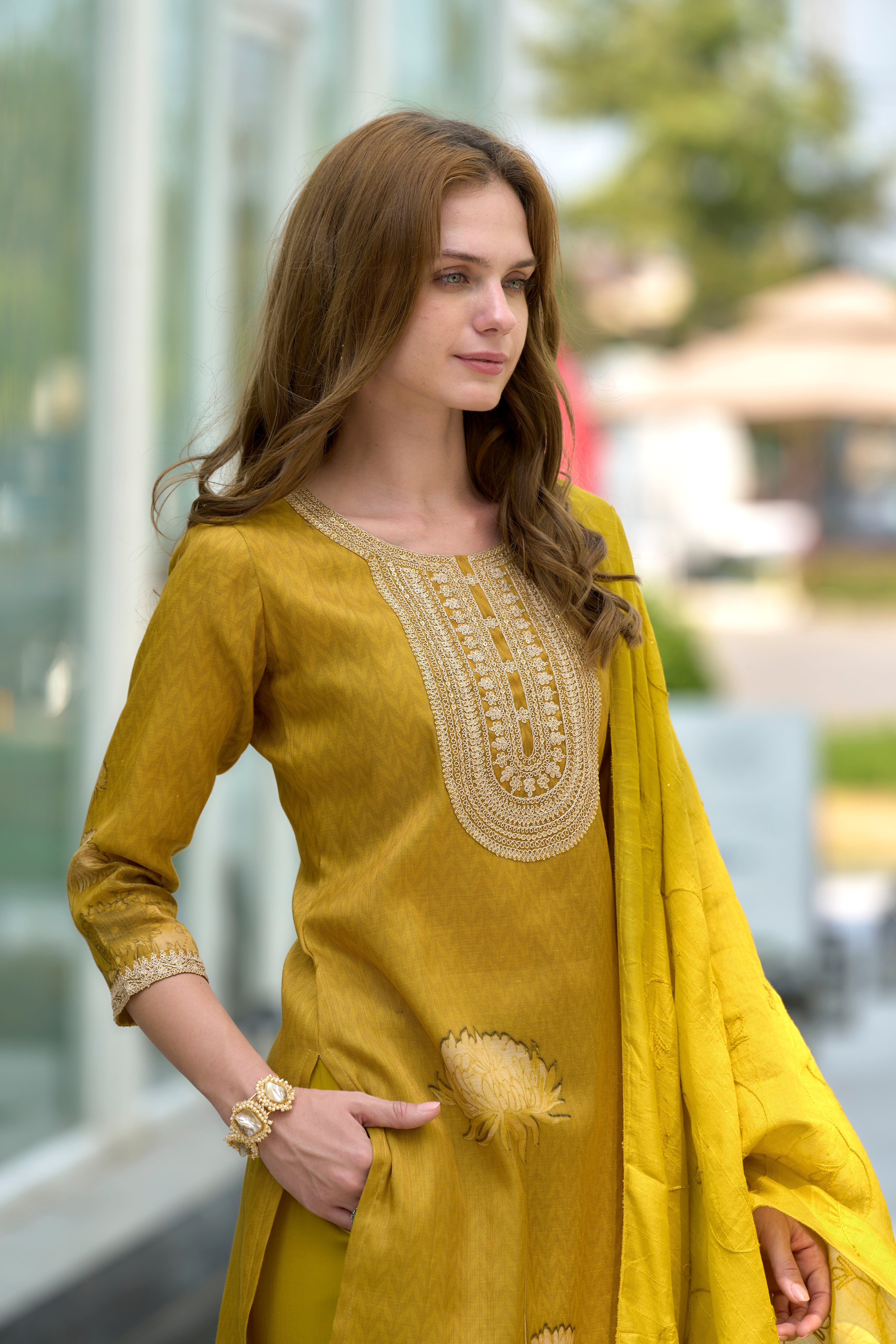 Her Couture Women's Mustard Tissue Silk Embroidered Straight Kurta With Pant & Printed Dupatta