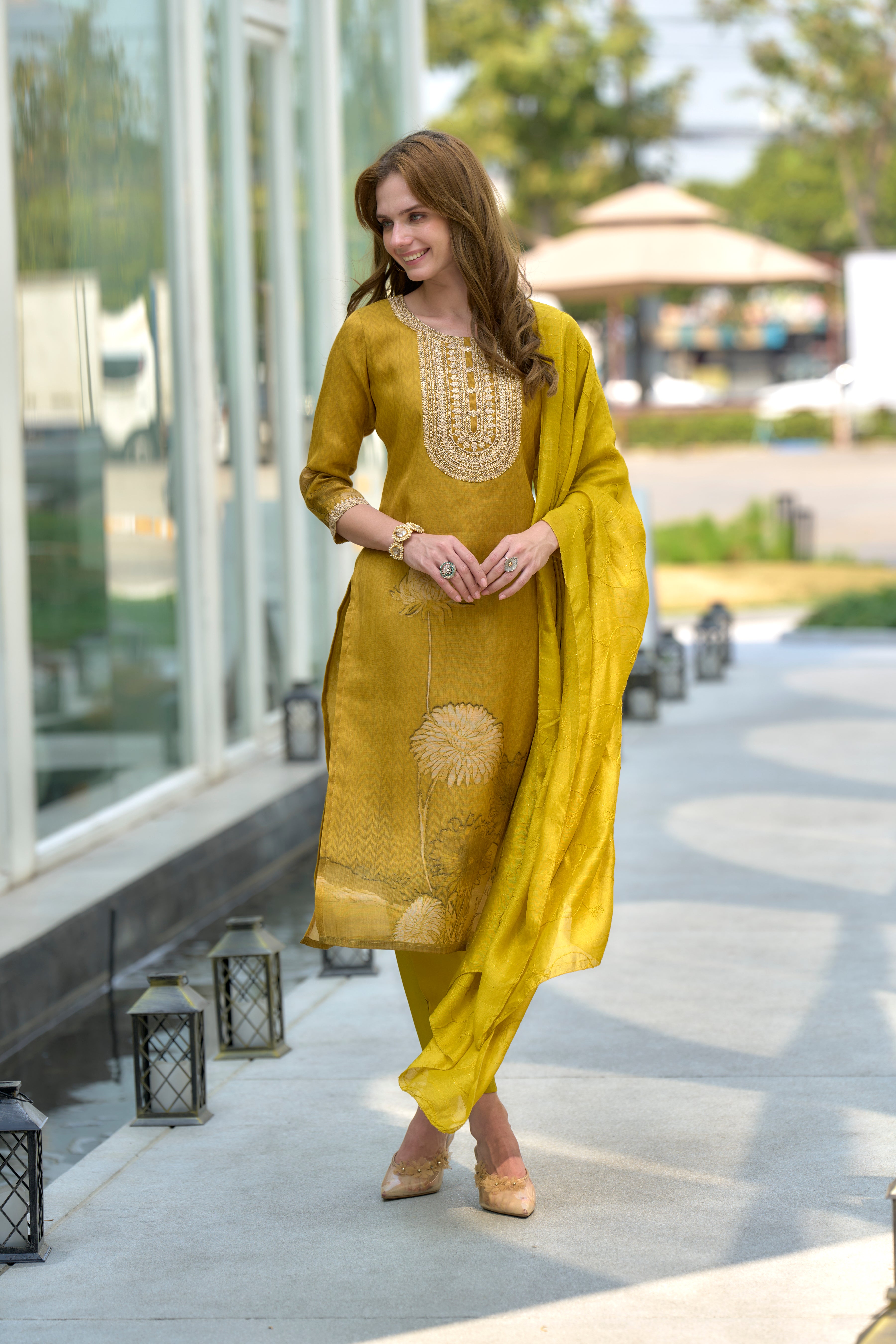 Her Couture Women's Mustard Tissue Silk Embroidered Straight Kurta With Pant & Printed Dupatta