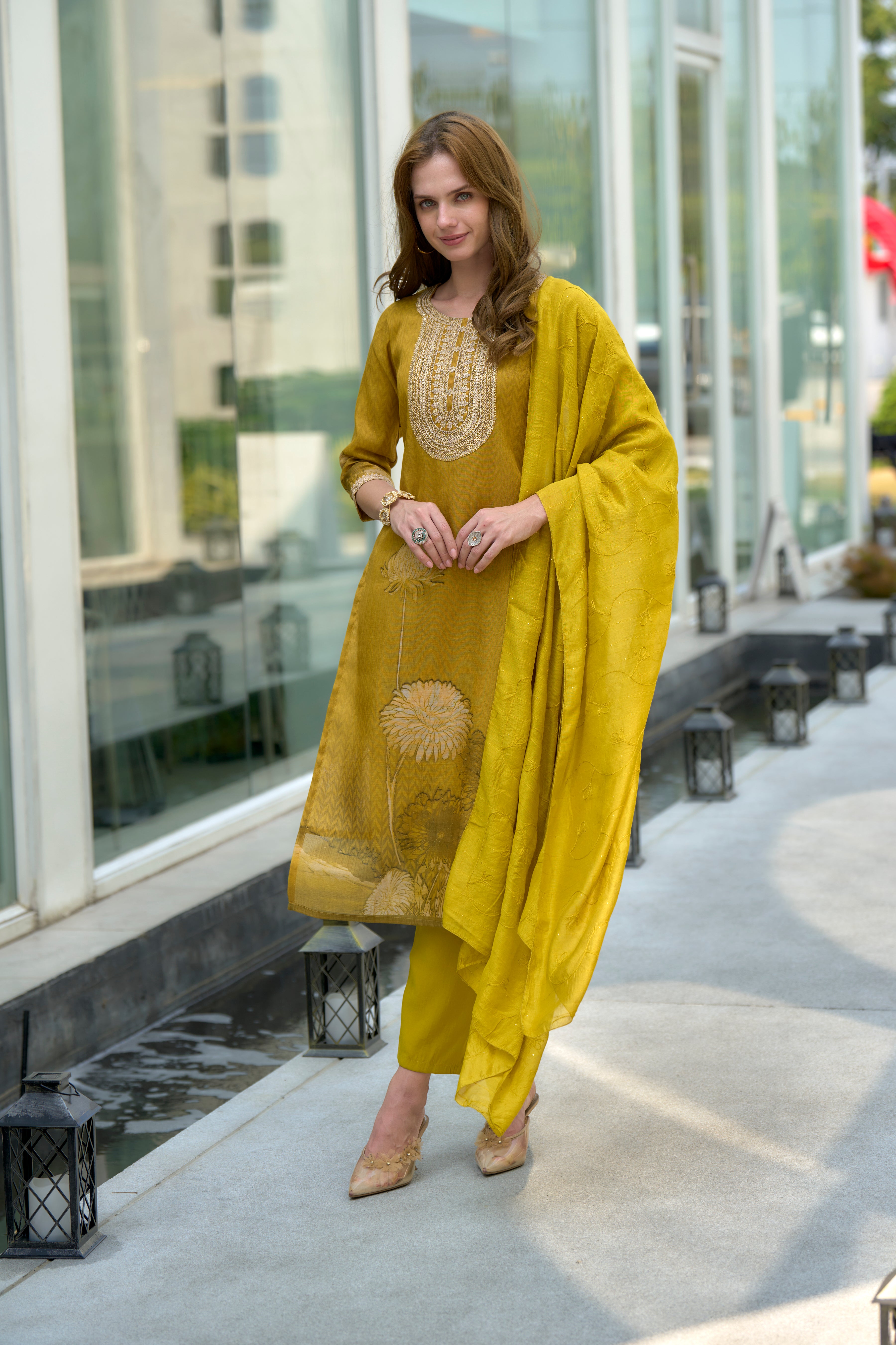 Her Couture Women's Mustard Tissue Silk Embroidered Straight Kurta With Pant & Printed Dupatta