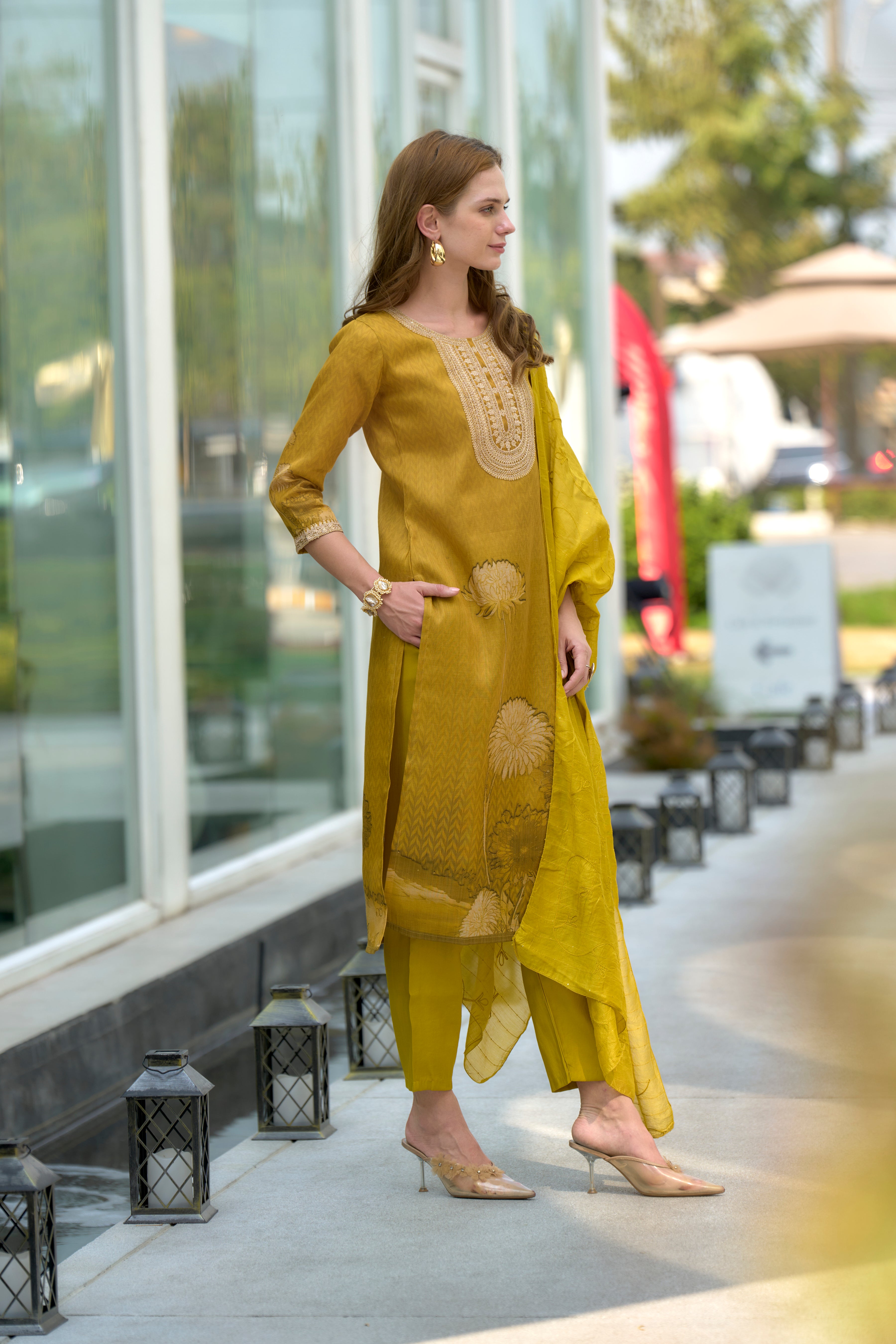 Her Couture Women's Mustard Tissue Silk Embroidered Straight Kurta With Pant & Printed Dupatta