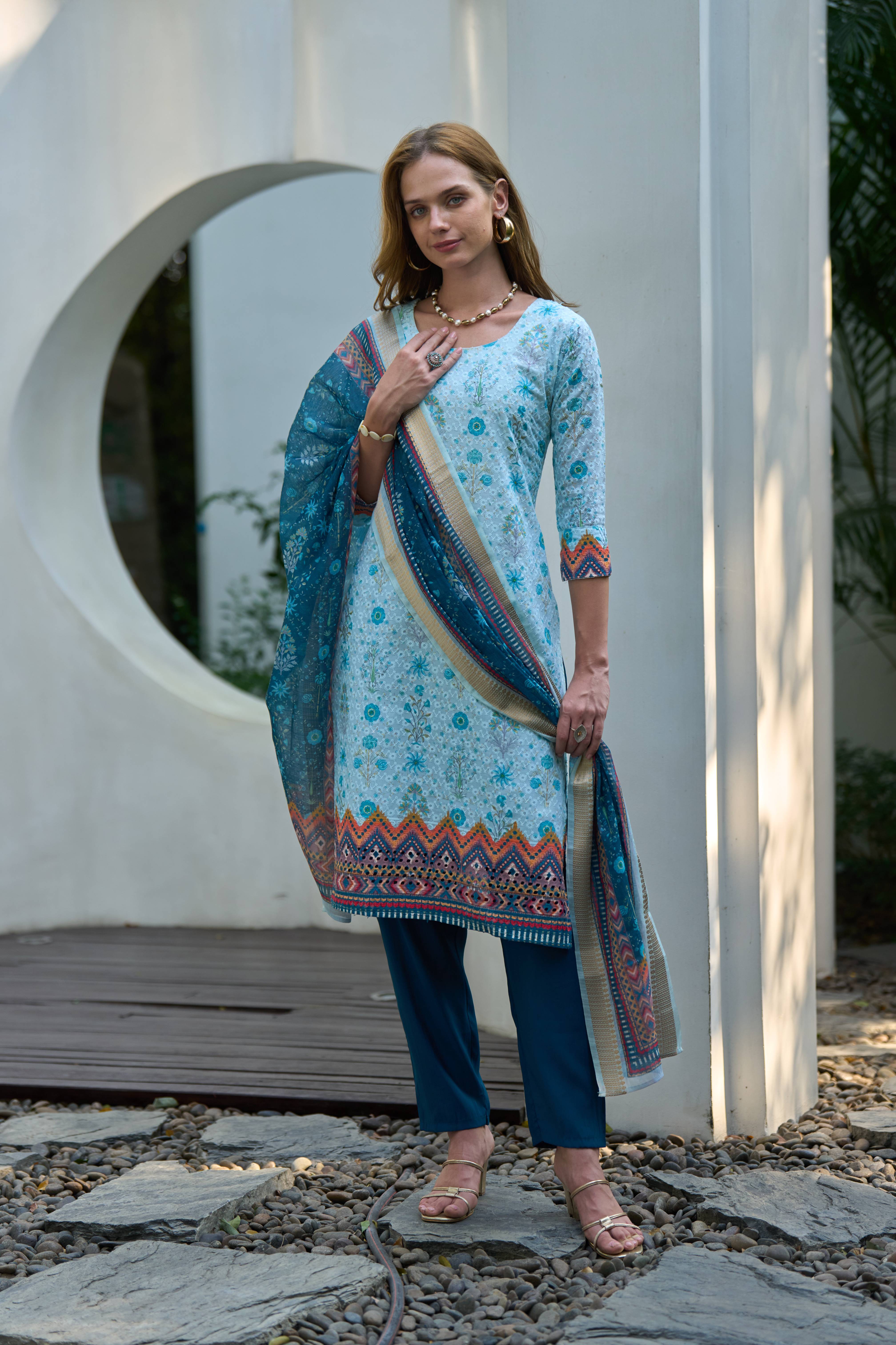 Her Couture Women's Sky Blue Cotton Floral & Leaf Straight Kurta With Pant & Printed Dupatta