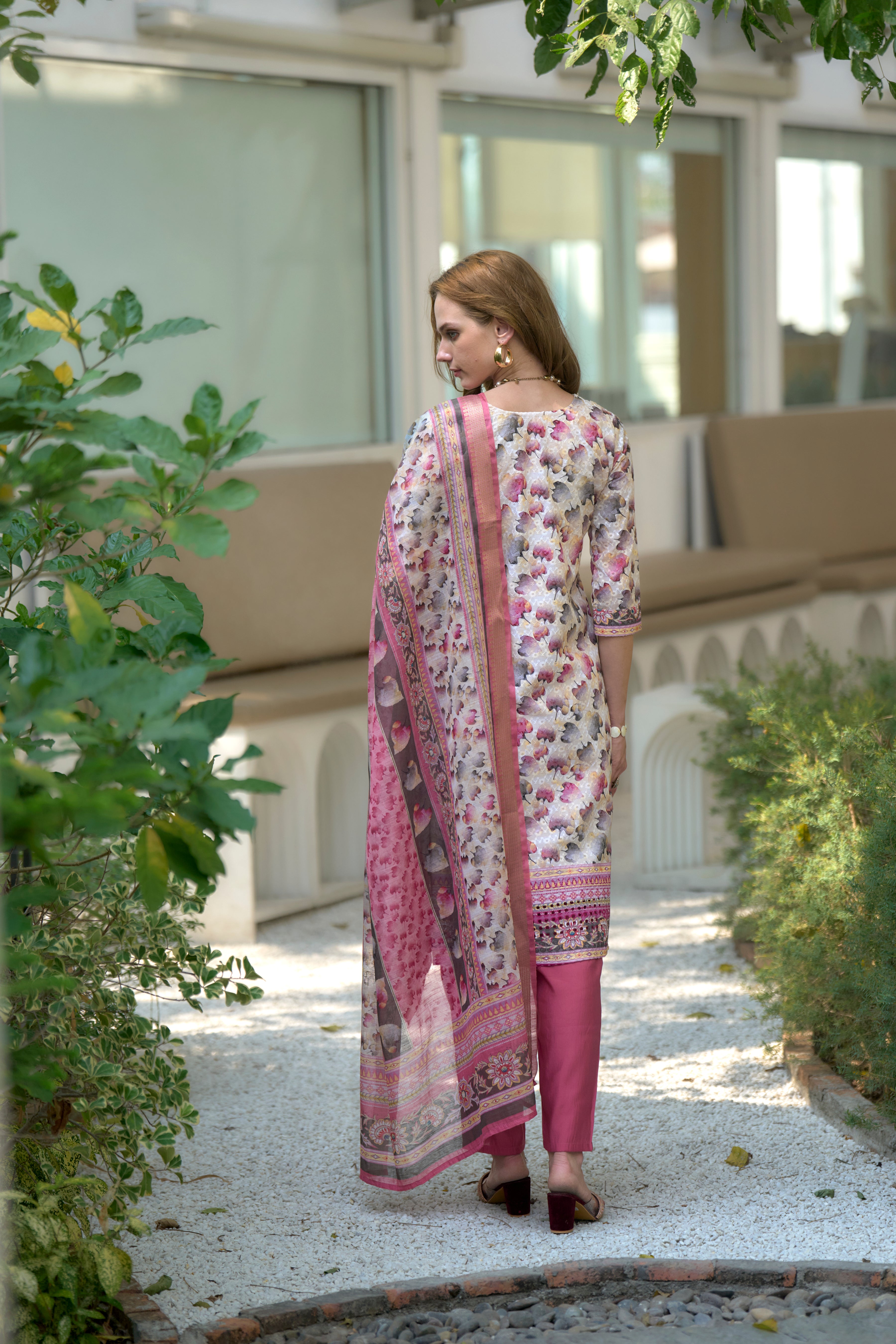 Her Couture Women's White Cotton Botanical Print Straight Kurta With Pant & Printed Dupatta