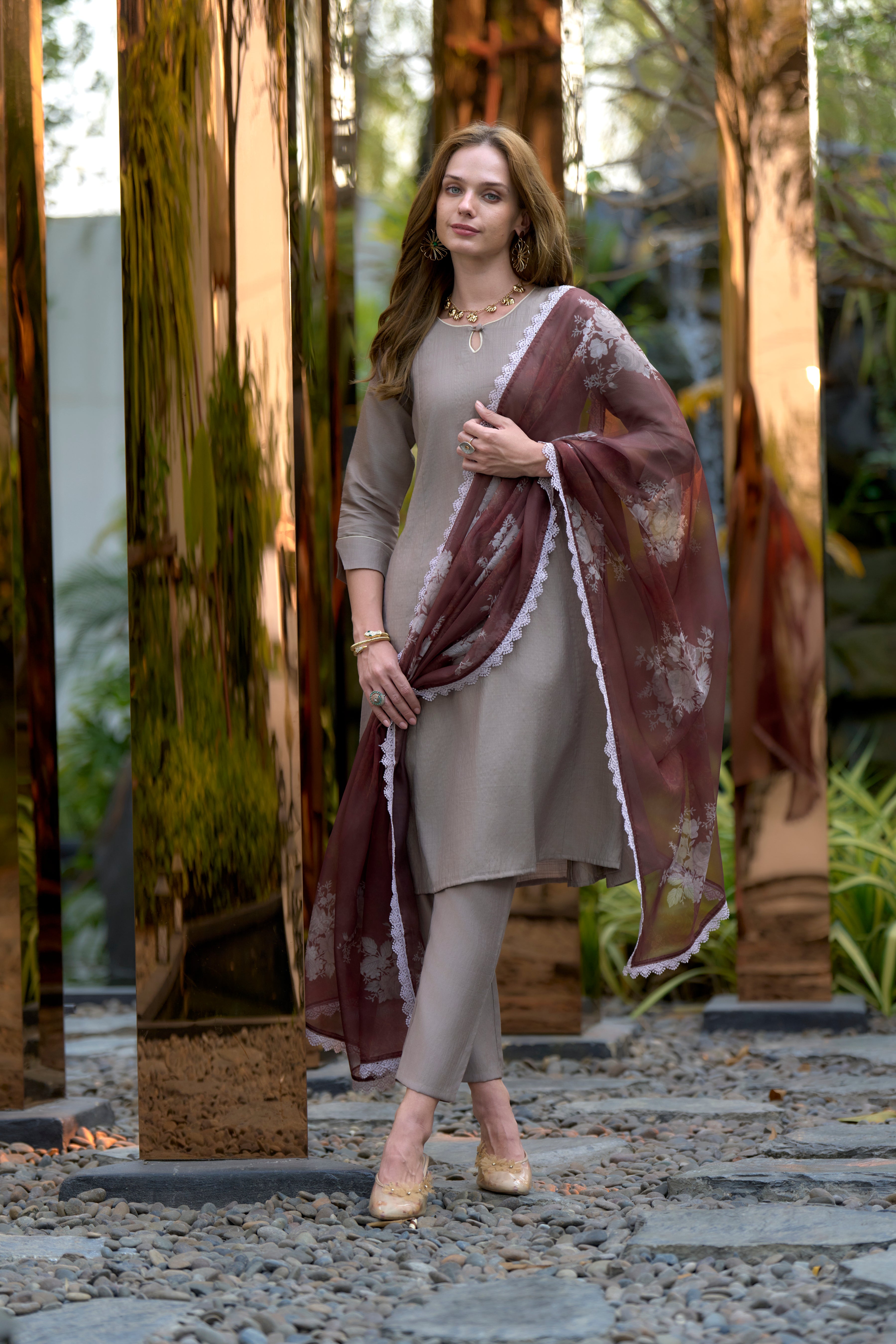 Grey Vatican Silk Straight Casual Kurta Set by Her Couture