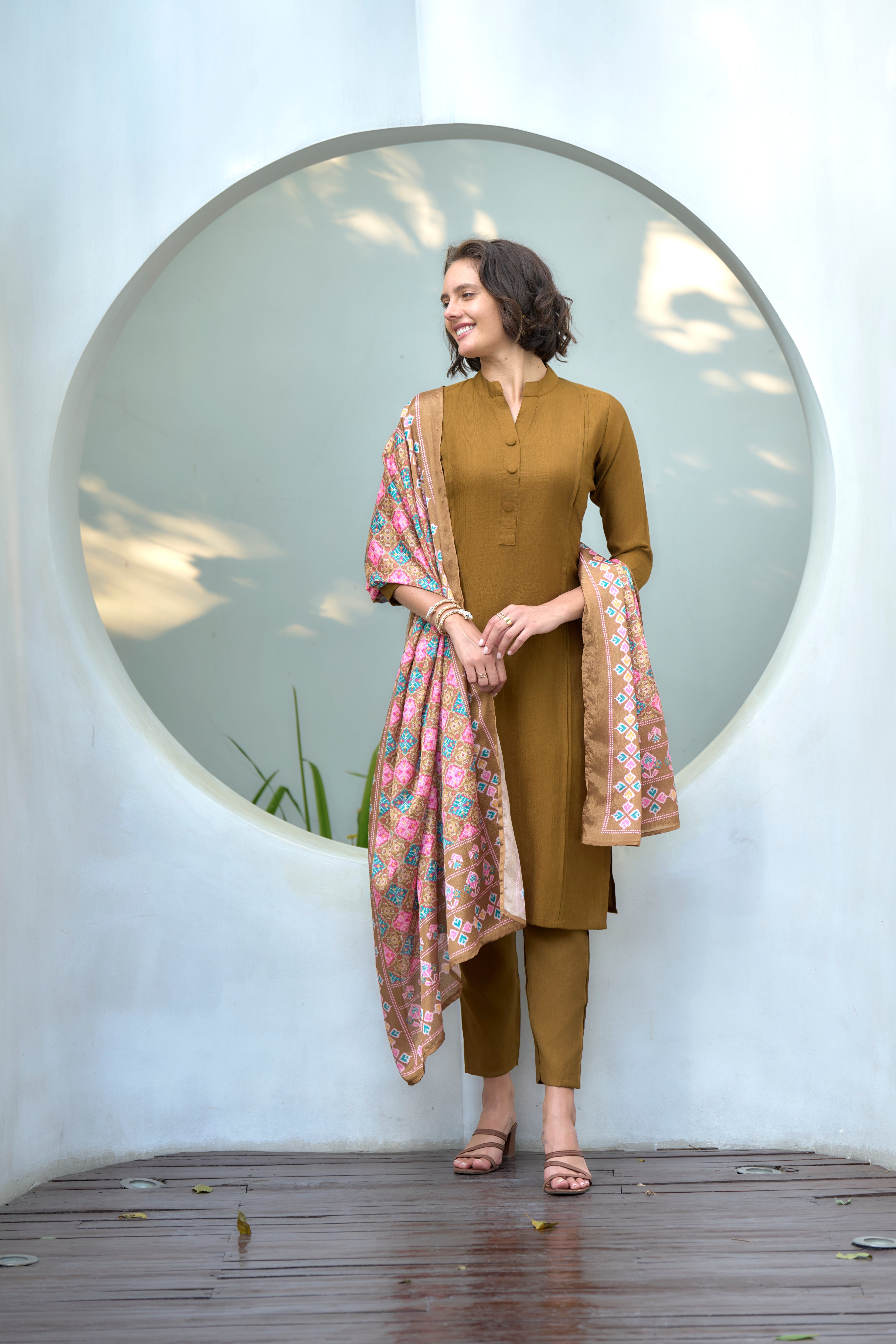 Khaki Vatican Silk Straight Casual Kurta Set by Her Couture