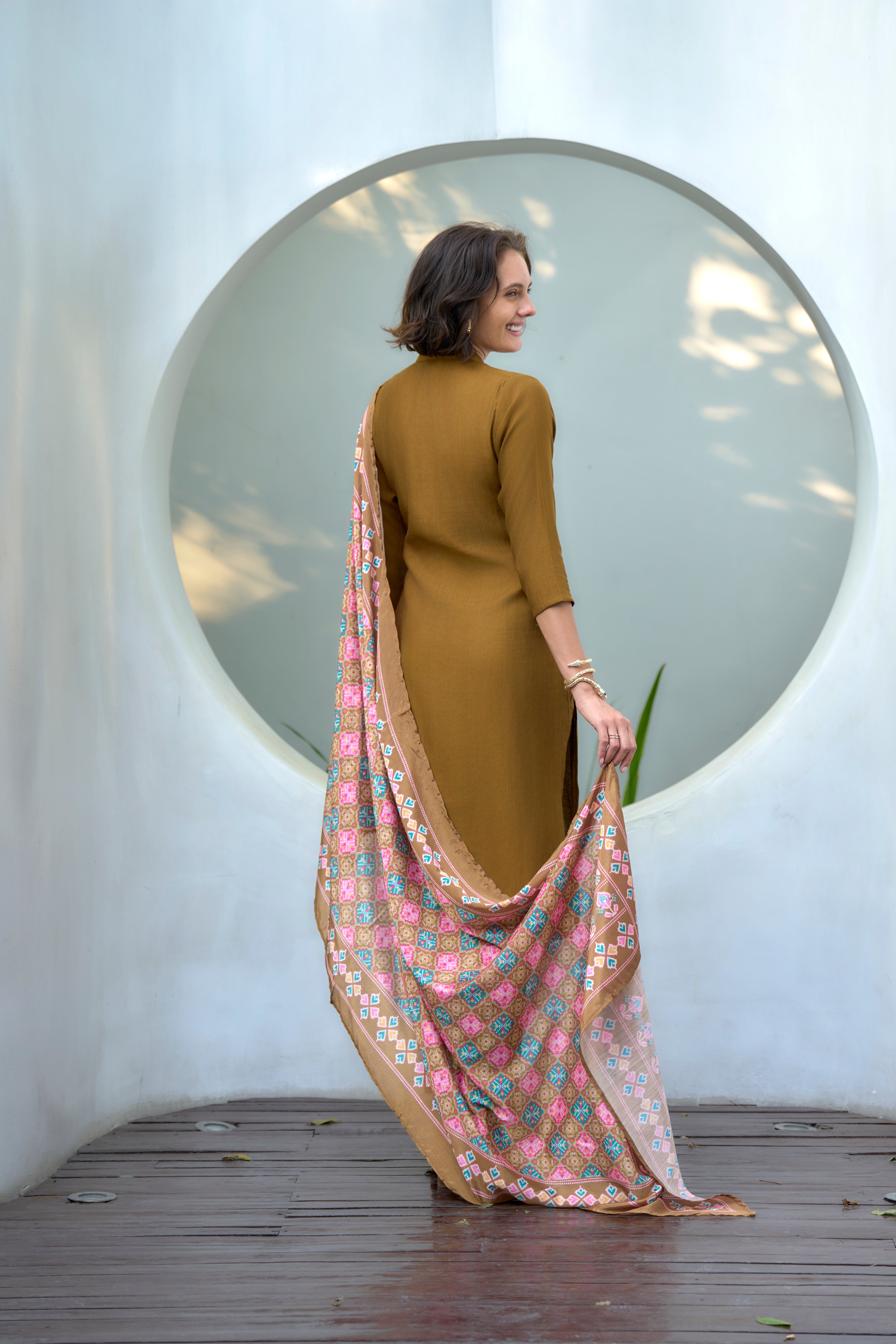 Her Couture Women's Khaki Vatican Silk Solid Straight Kurta With Pant & Printed Dupatta