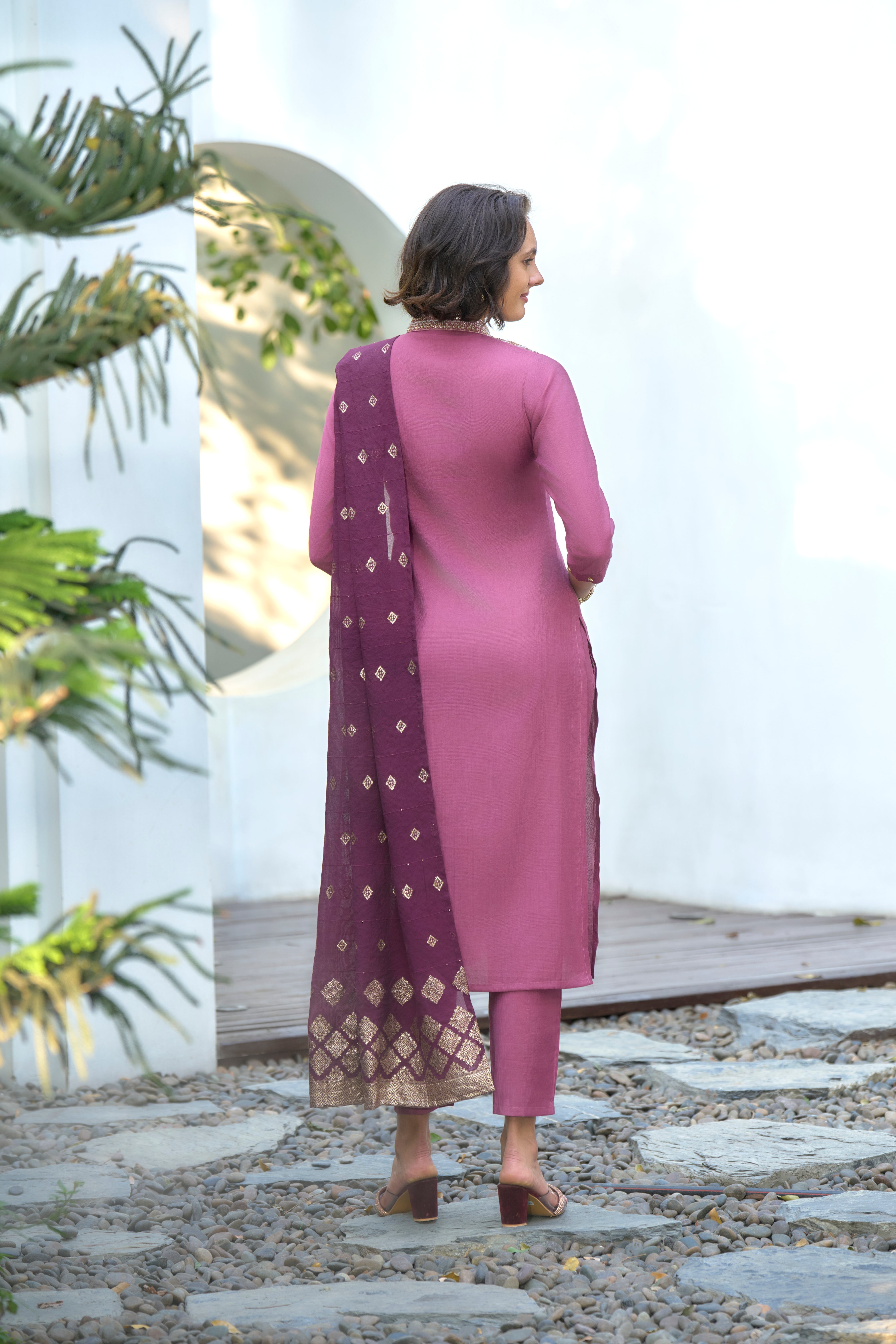 Her Couture Women's Pink Vatican Silk Embroidered Straight Kurta With Pant & Printed Dupatta