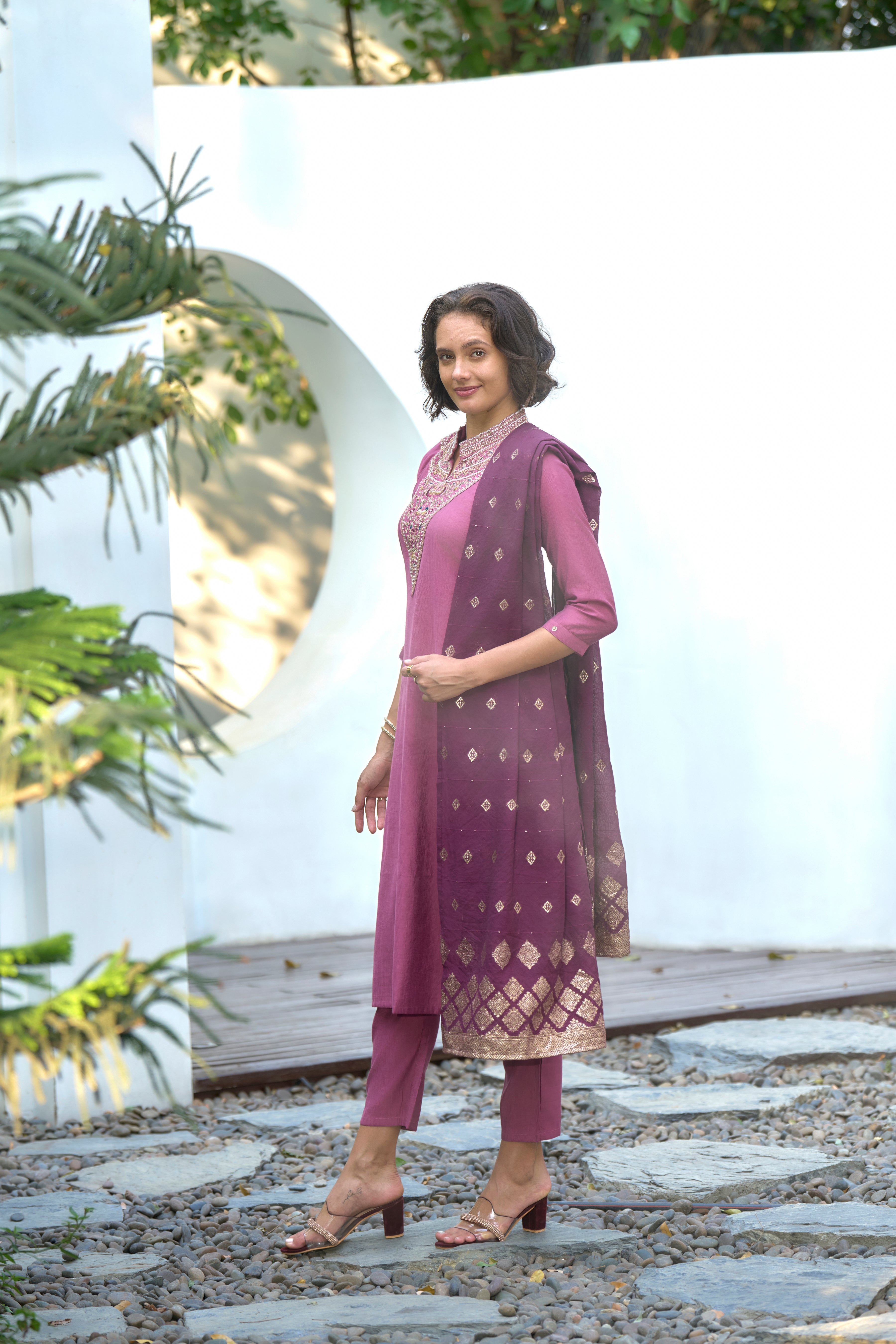 Her Couture Women's Pink Vatican Silk Embroidered Straight Kurta With Pant & Printed Dupatta