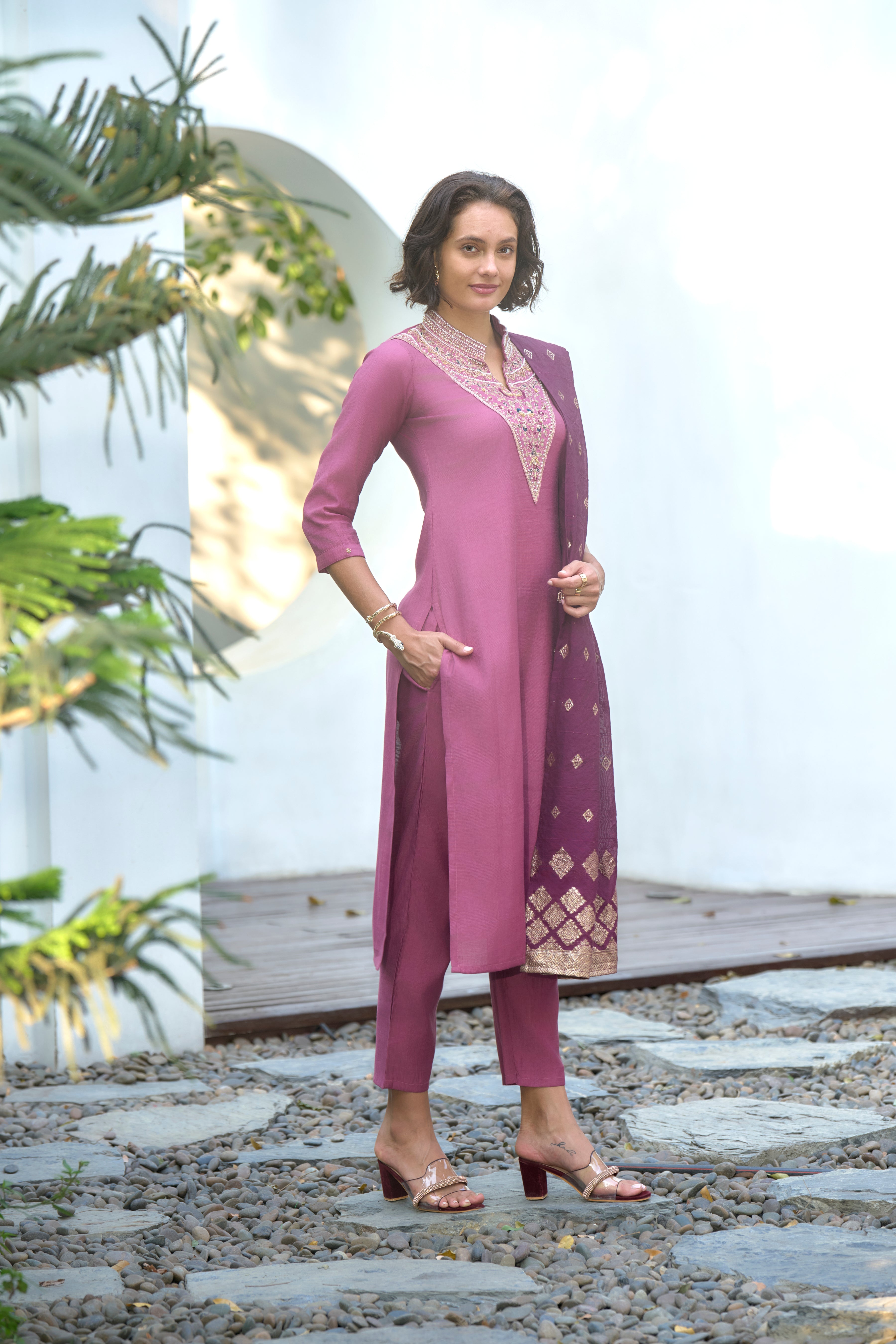 Her Couture Women's Pink Vatican Silk Embroidered Straight Kurta With Pant & Printed Dupatta