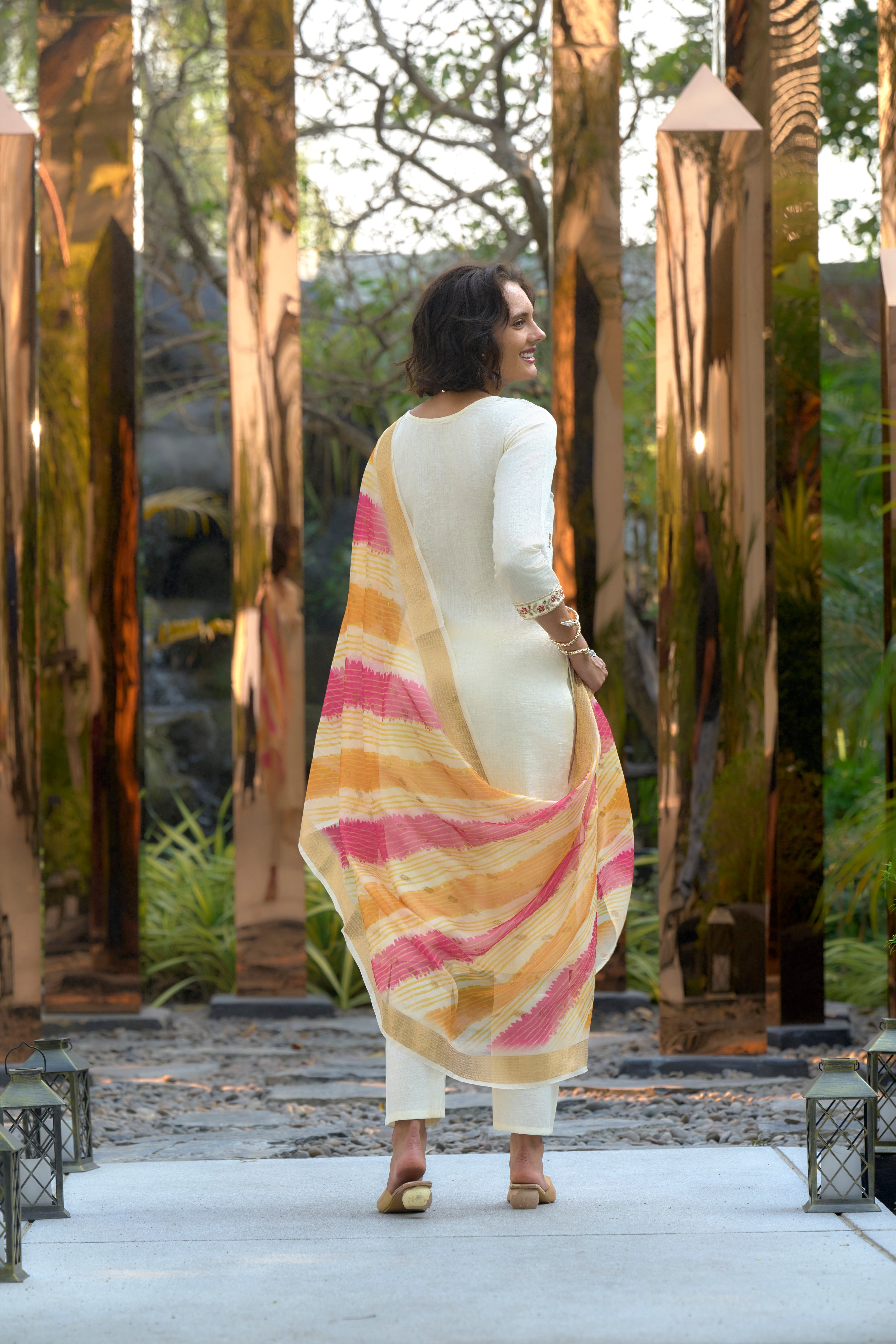 Her Couture Women's White Vatican Silk Embroidered Straight Kurta With Pant & Printed Dupatta