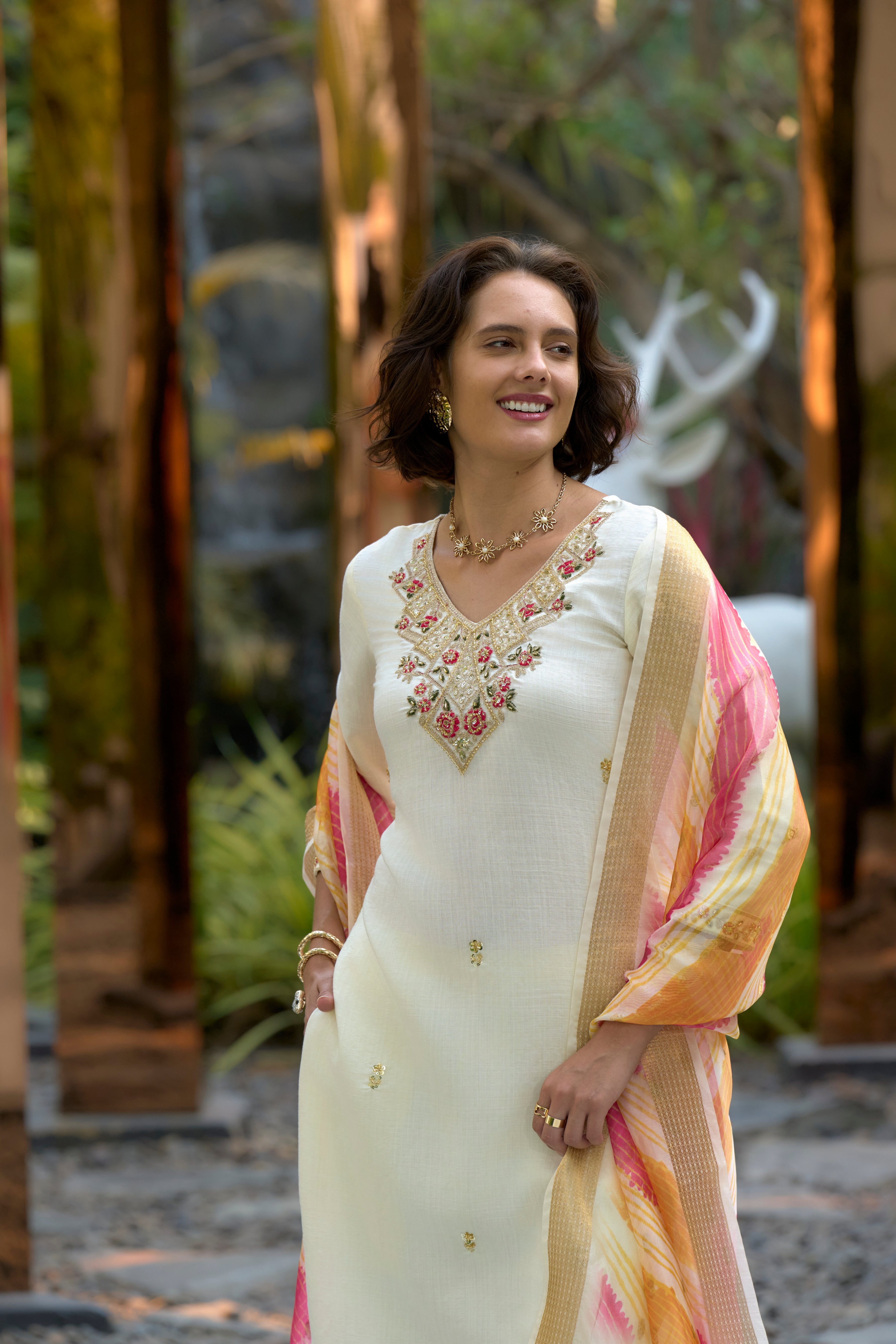 Her Couture Women's White Vatican Silk Embroidered Straight Kurta With Pant & Printed Dupatta