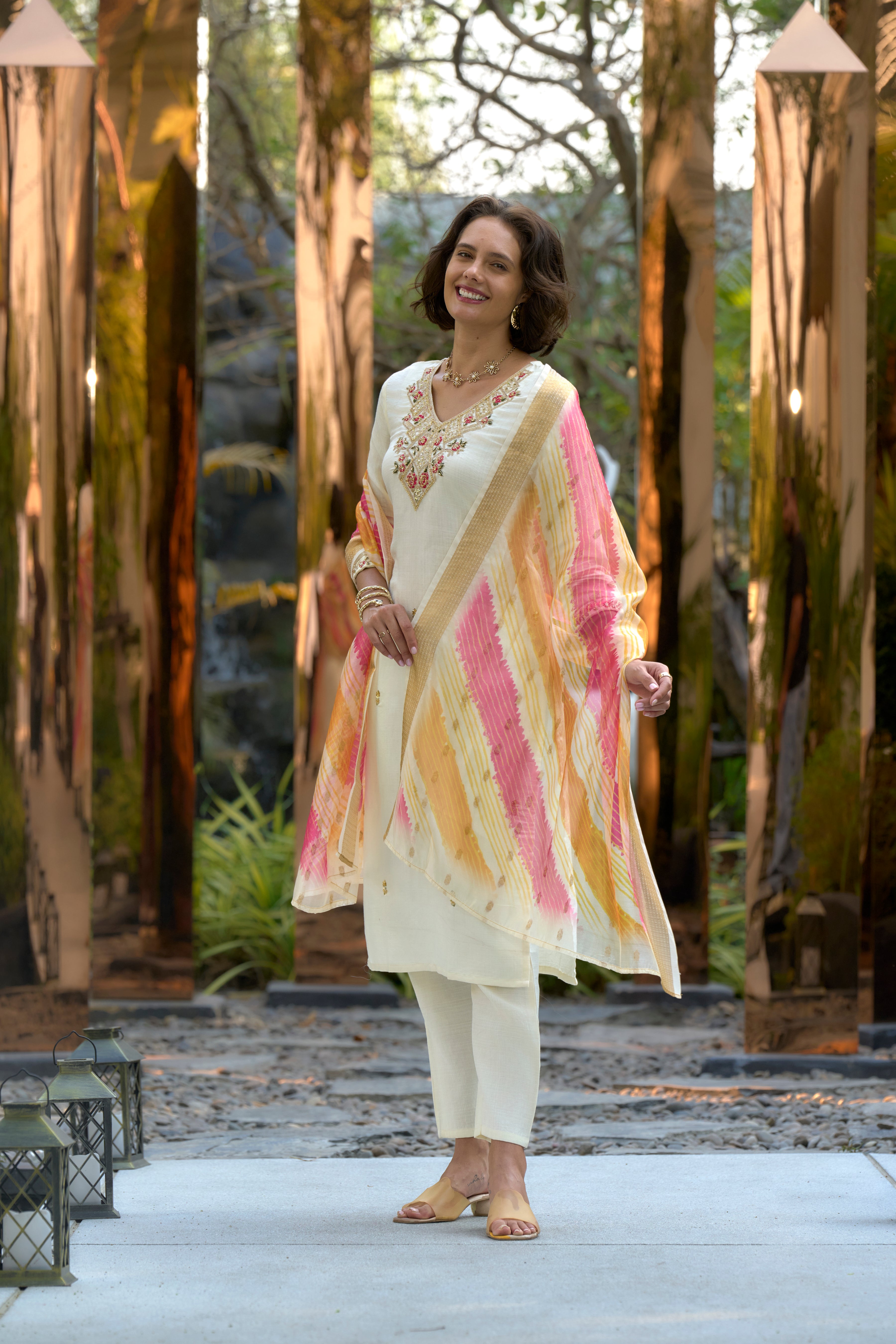 Her Couture Women's White Vatican Silk Embroidered Straight Kurta With Pant & Printed Dupatta