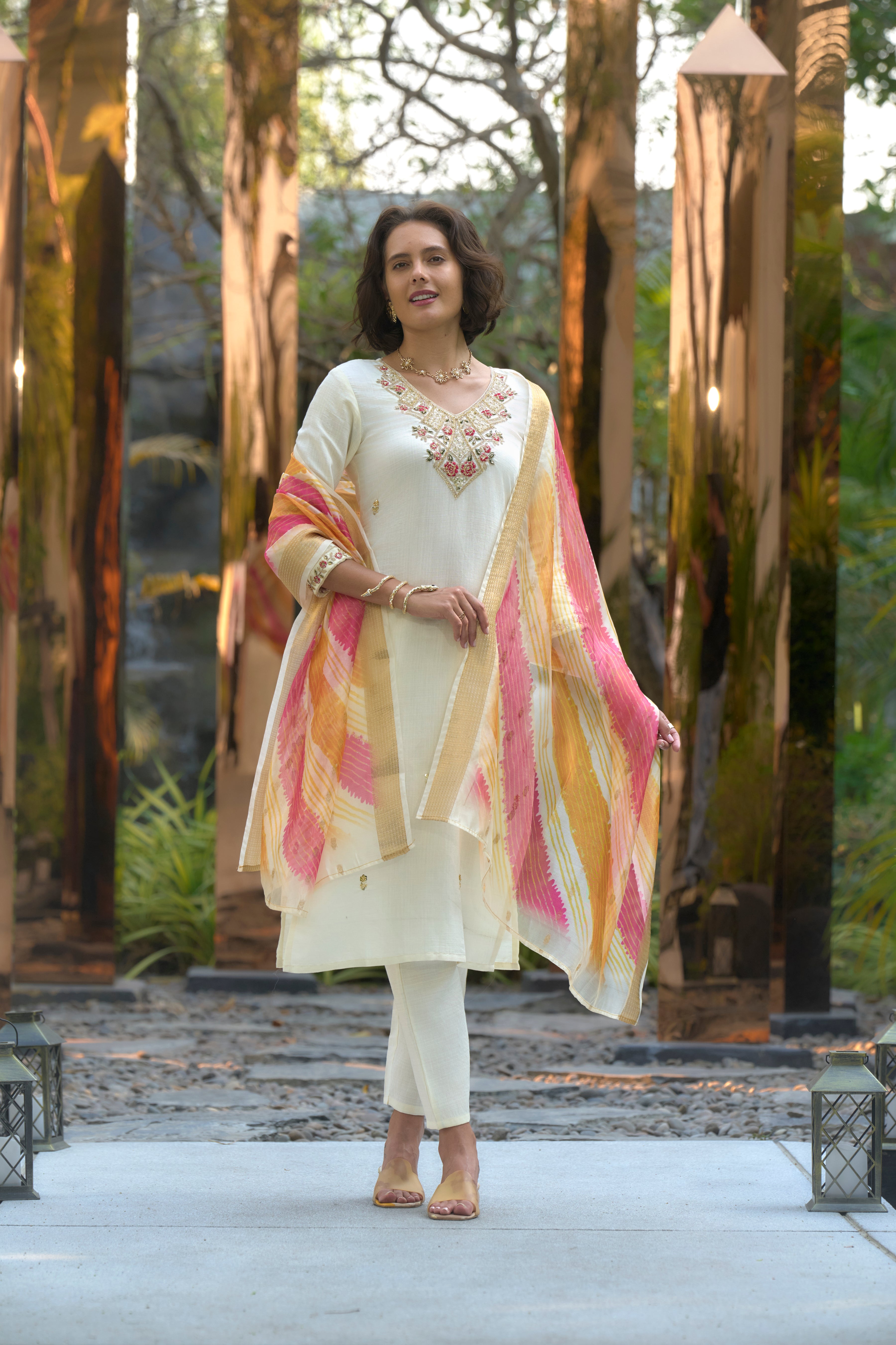 White Vatican Silk Straight Festive & Party Kurta Set by Her Couture