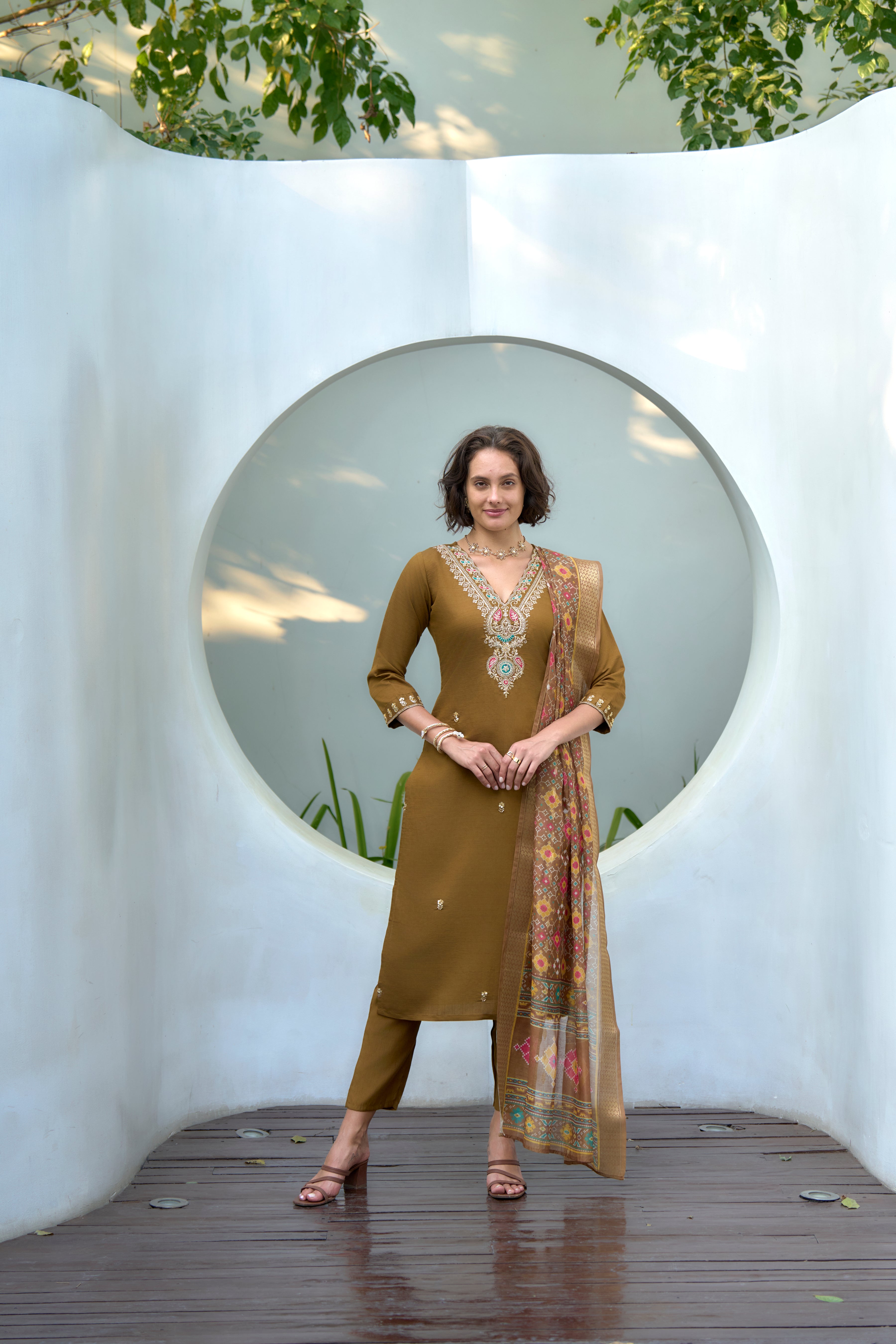 Brown Vatican Silk Straight Festive & Party Kurta Set by Her Couture