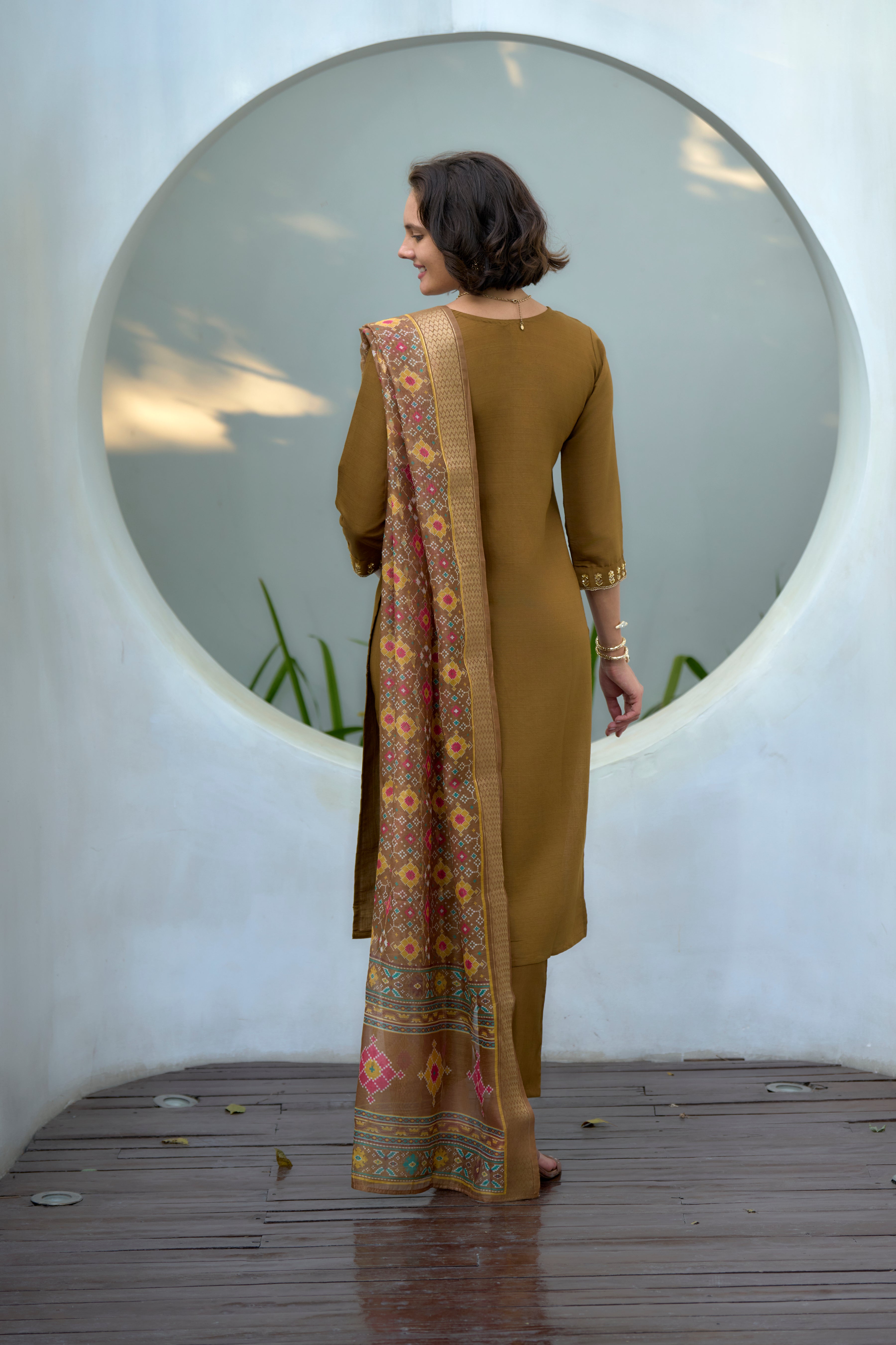 Her Couture Women's Brown Vatican Silk Embroidered Straight Kurta With Pant & Printed Dupatta