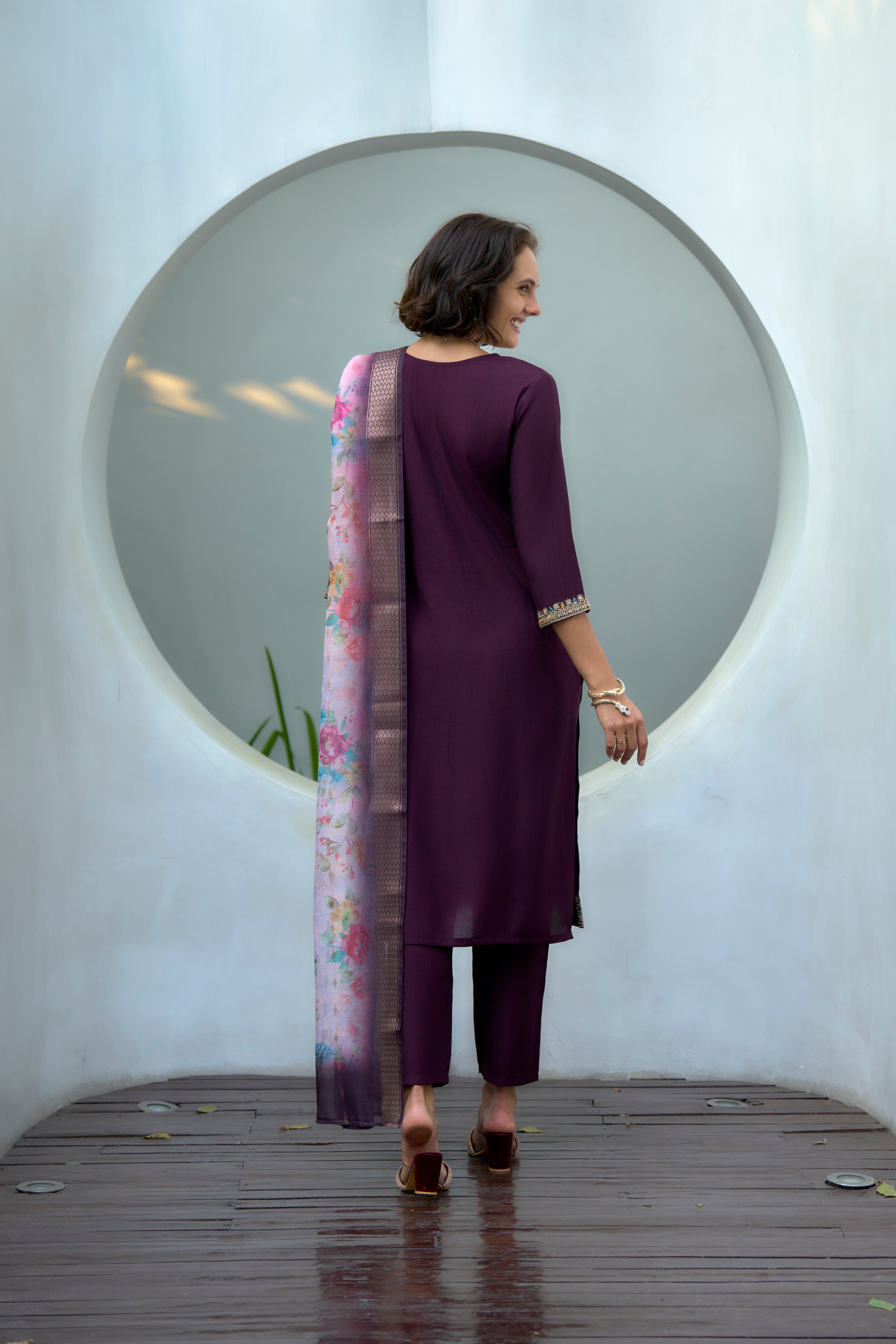 Her Couture Women's Purple Vatican Silk Embroidered Straight Kurta With Pant & Printed Dupatta