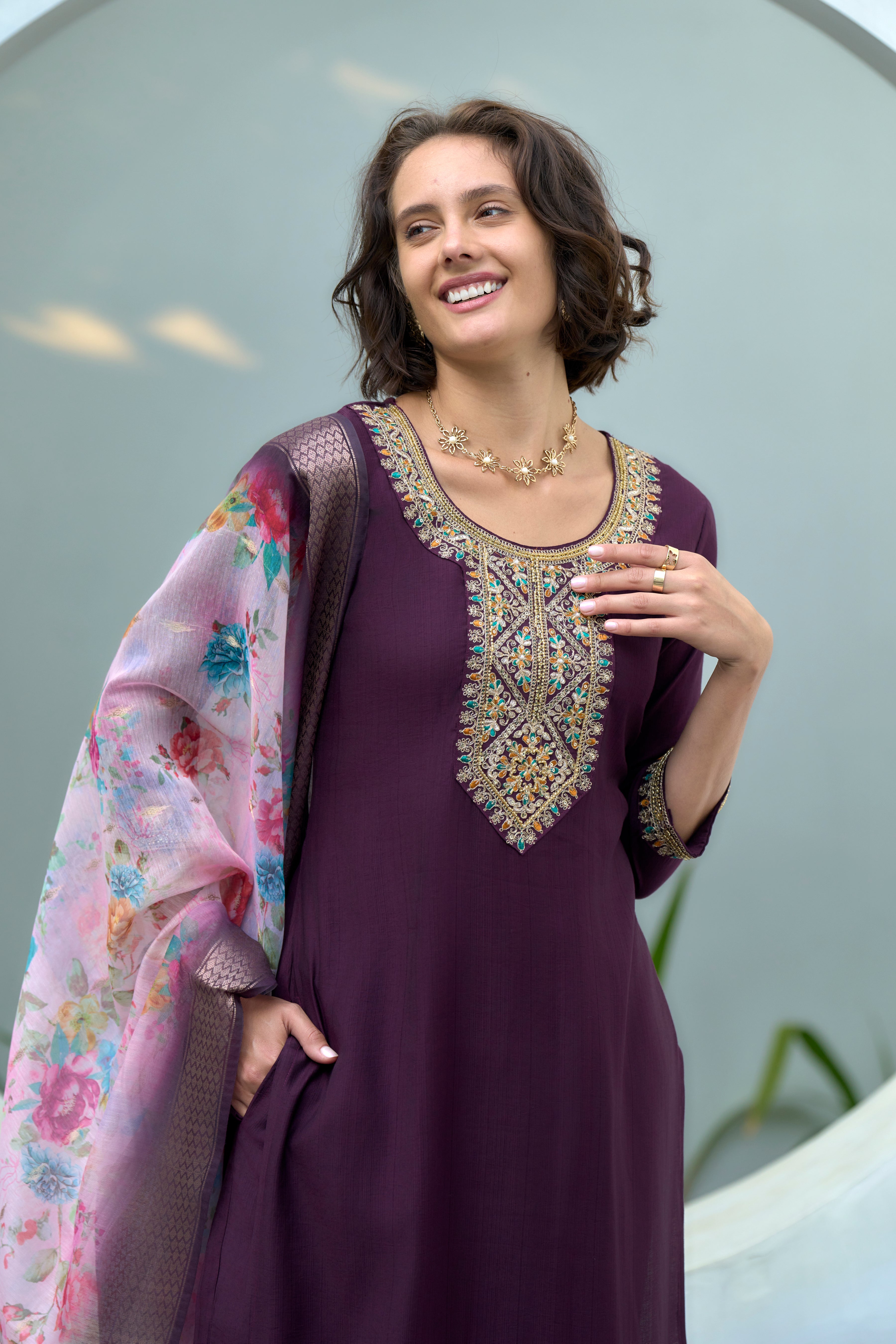 Her Couture Women's Purple Vatican Silk Embroidered Straight Kurta With Pant & Printed Dupatta