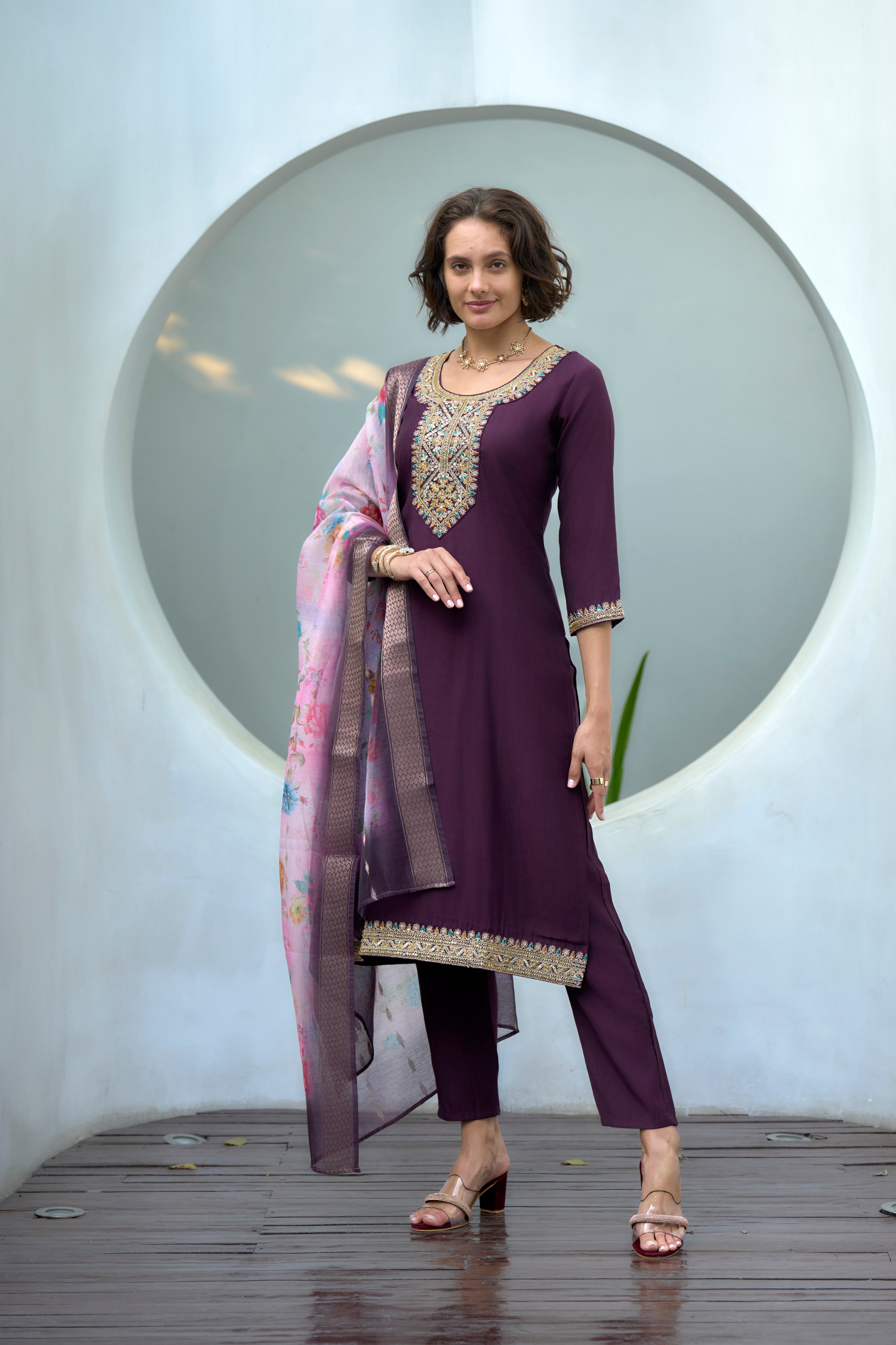 Her Couture Women's Purple Vatican Silk Embroidered Straight Kurta With Pant & Printed Dupatta
