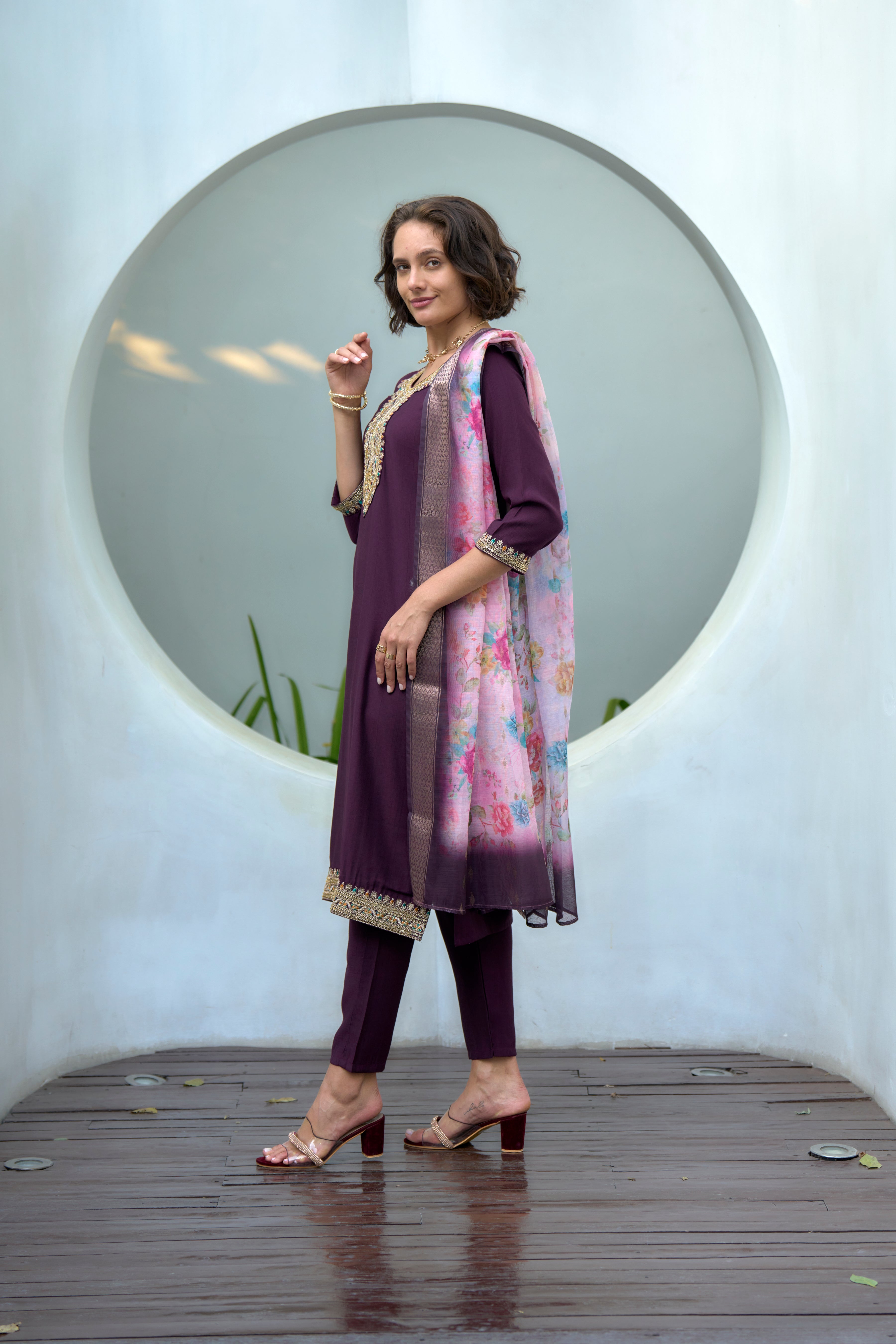 Her Couture Women's Purple Vatican Silk Embroidered Straight Kurta With Pant & Printed Dupatta