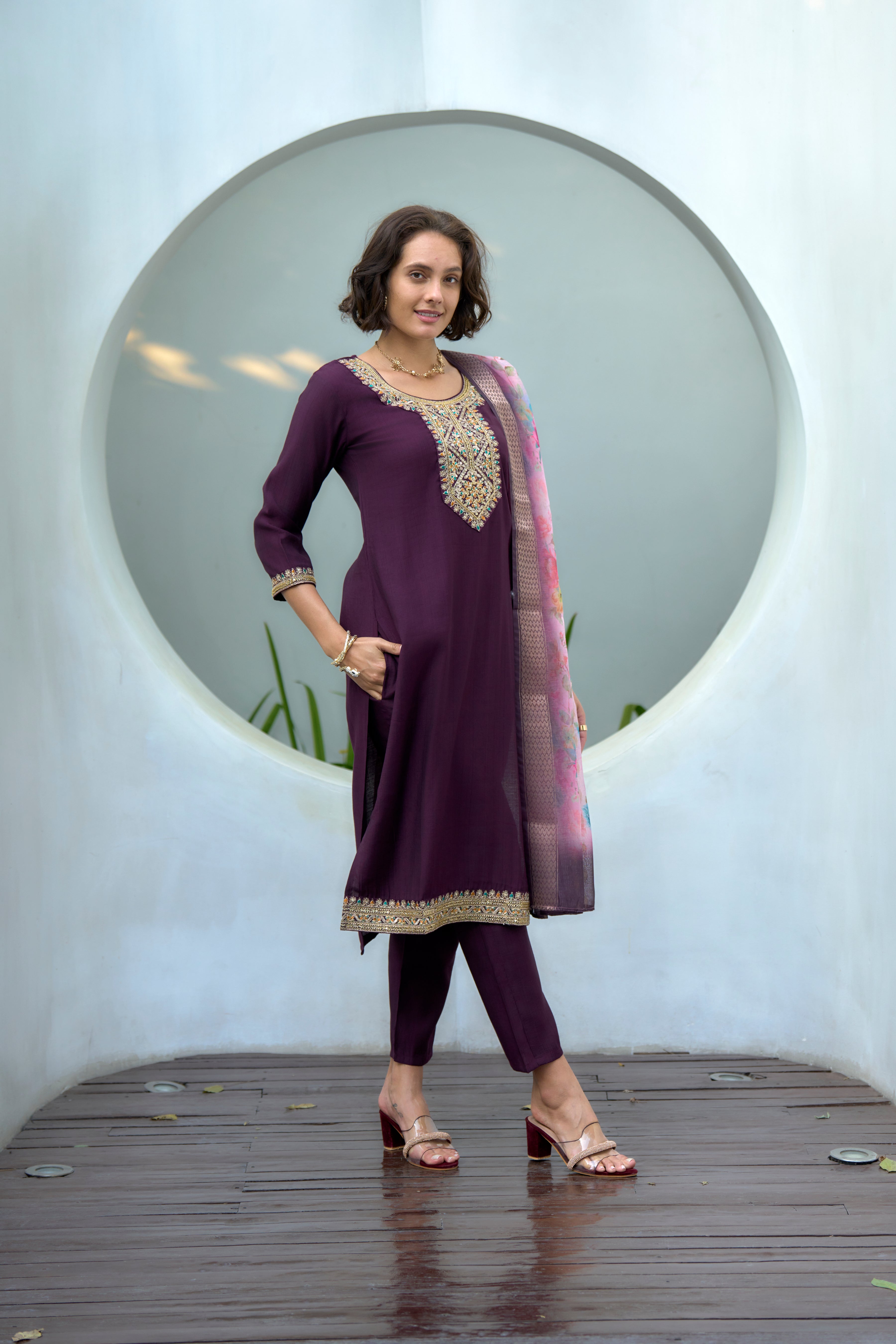 Her Couture Women's Purple Vatican Silk Embroidered Straight Kurta With Pant & Printed Dupatta