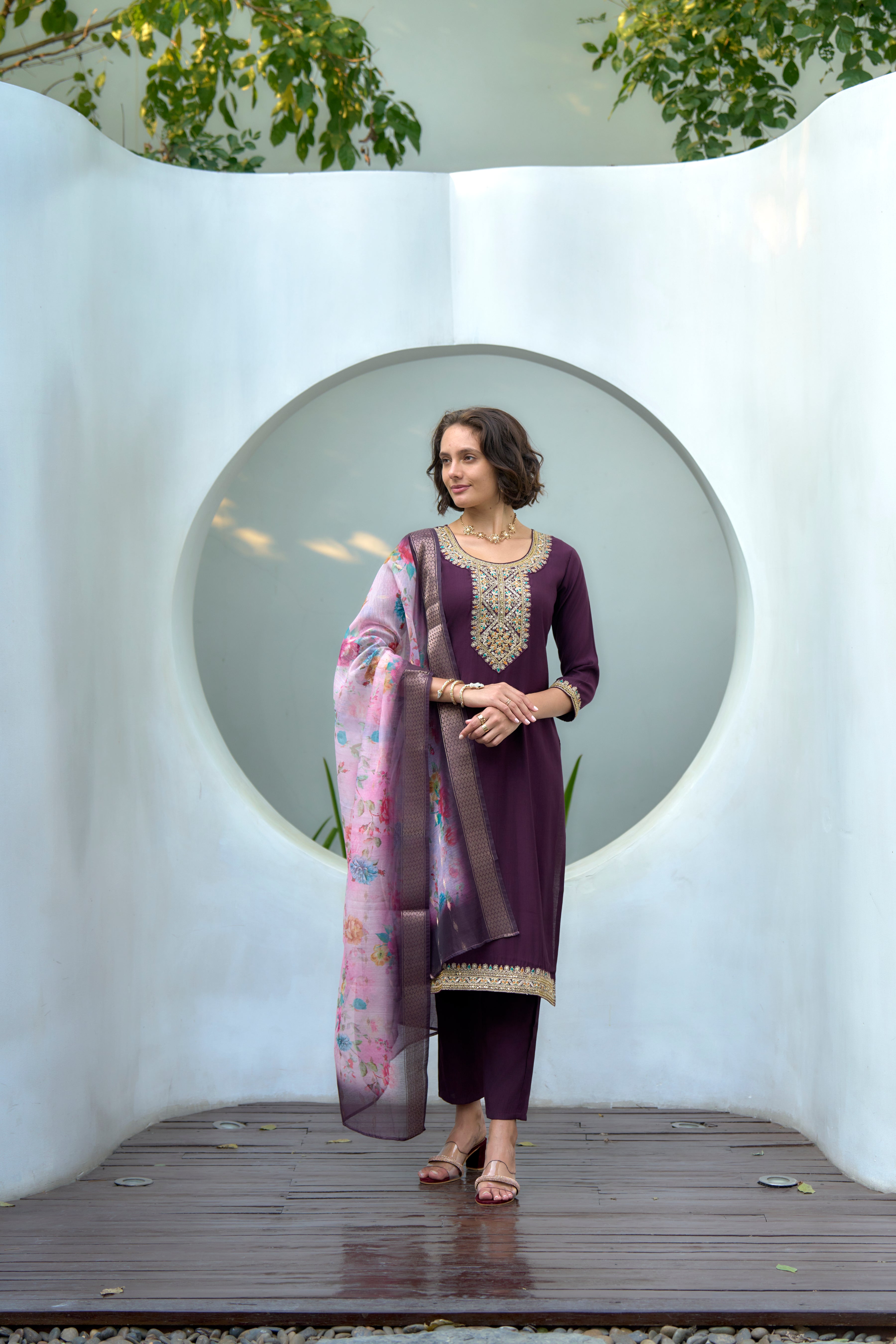 Purple Vatican Silk Straight Festive & Party Kurta Set by Her Couture