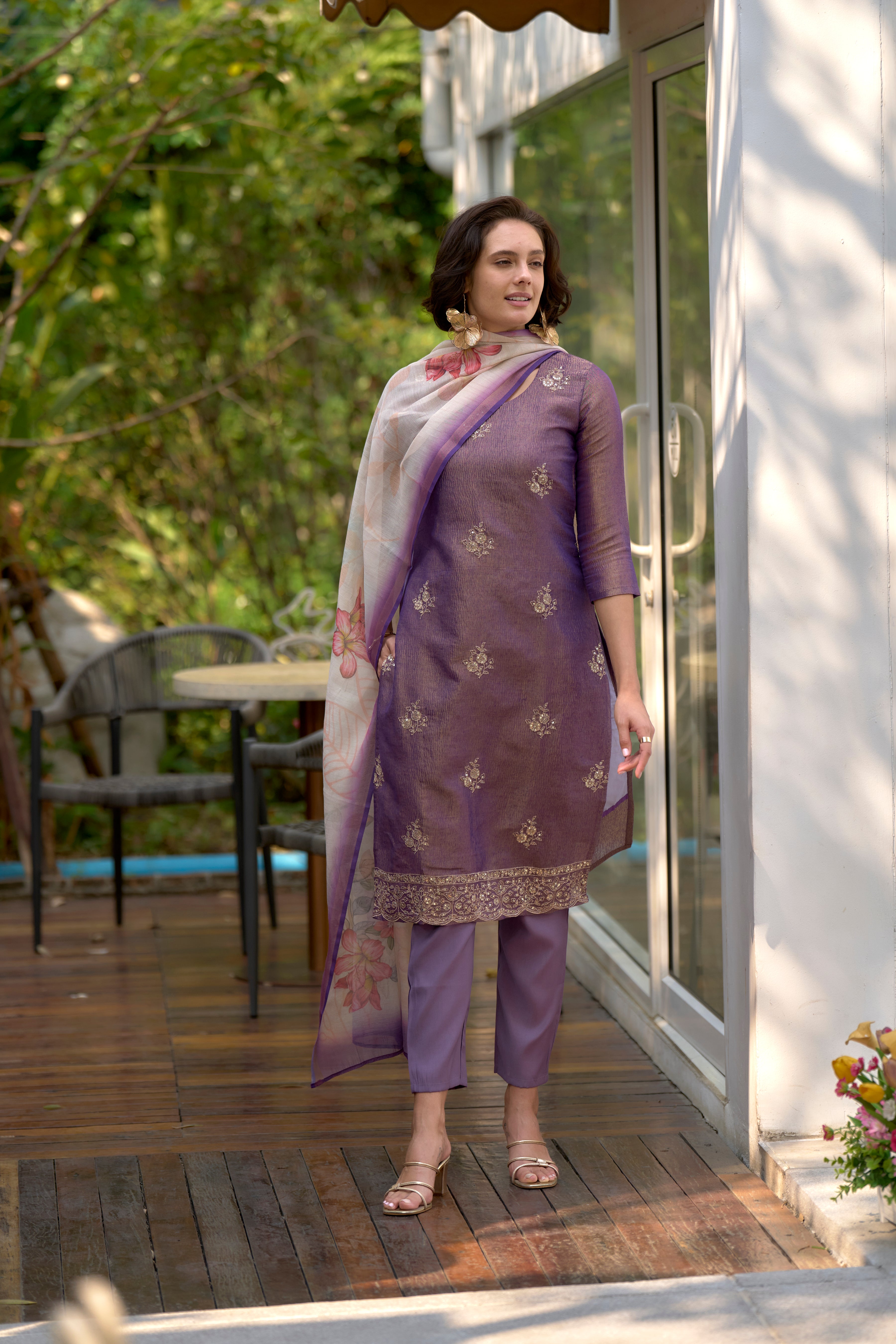 Purple Tissue Silk Straight Festive & Party Kurta Set by Her Couture