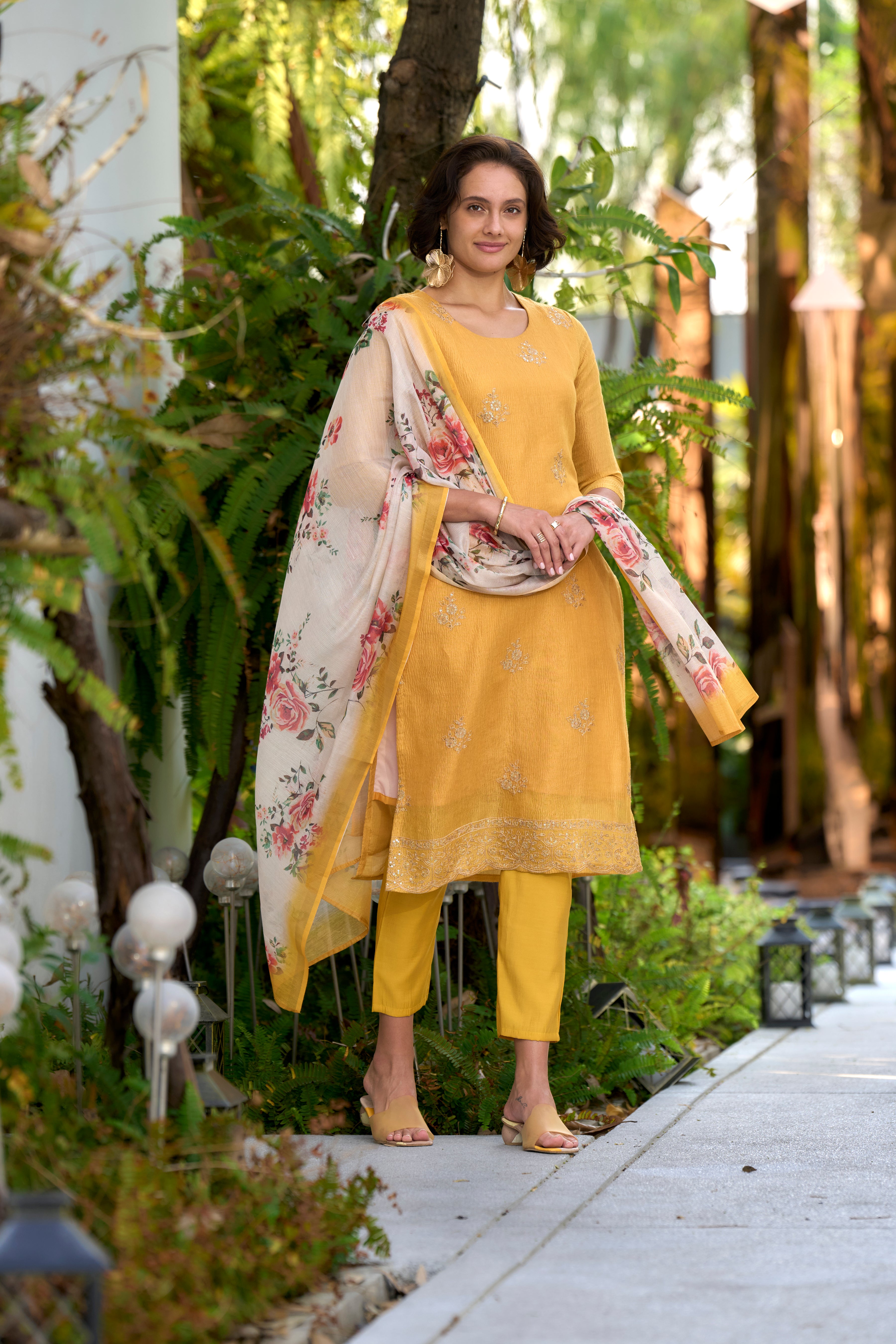 Yellow Tissue Silk Straight Festive & Party Kurta Set by Her Couture