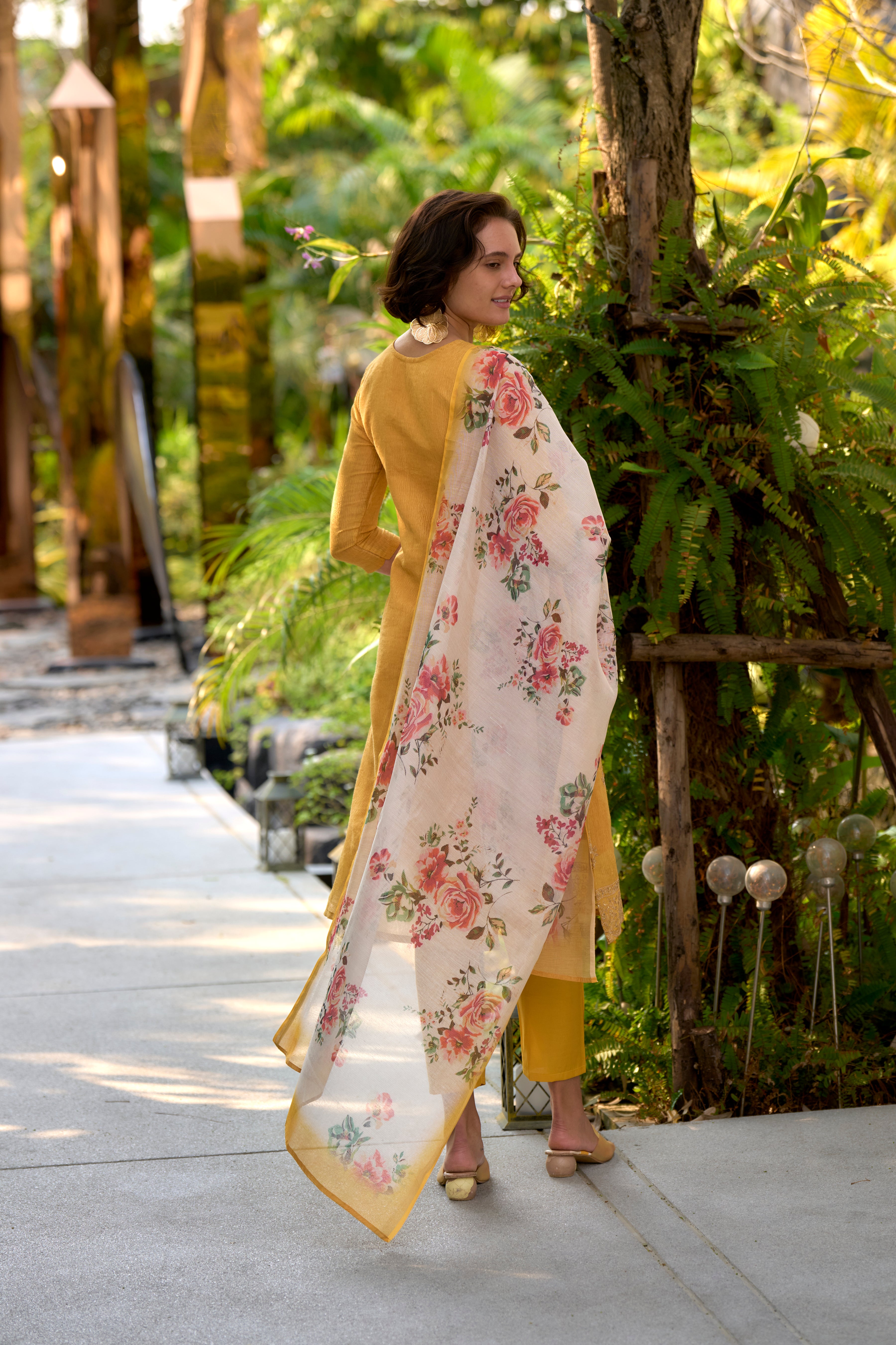Her Couture Women's Yellow Tissue Silk Embroidered Straight Kurta With Pant & Printed Dupatta