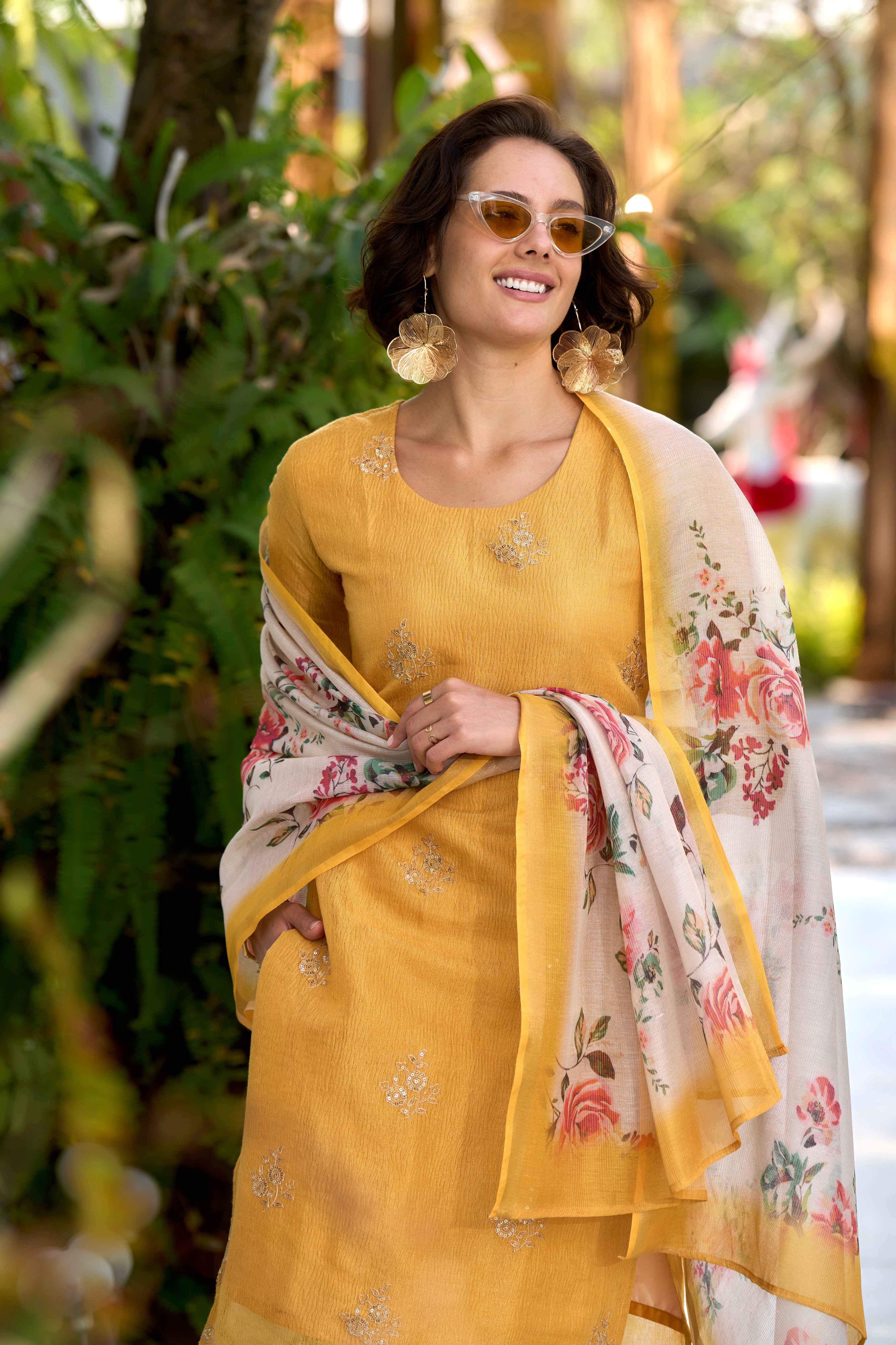 Her Couture Women's Yellow Tissue Silk Embroidered Straight Kurta With Pant & Printed Dupatta