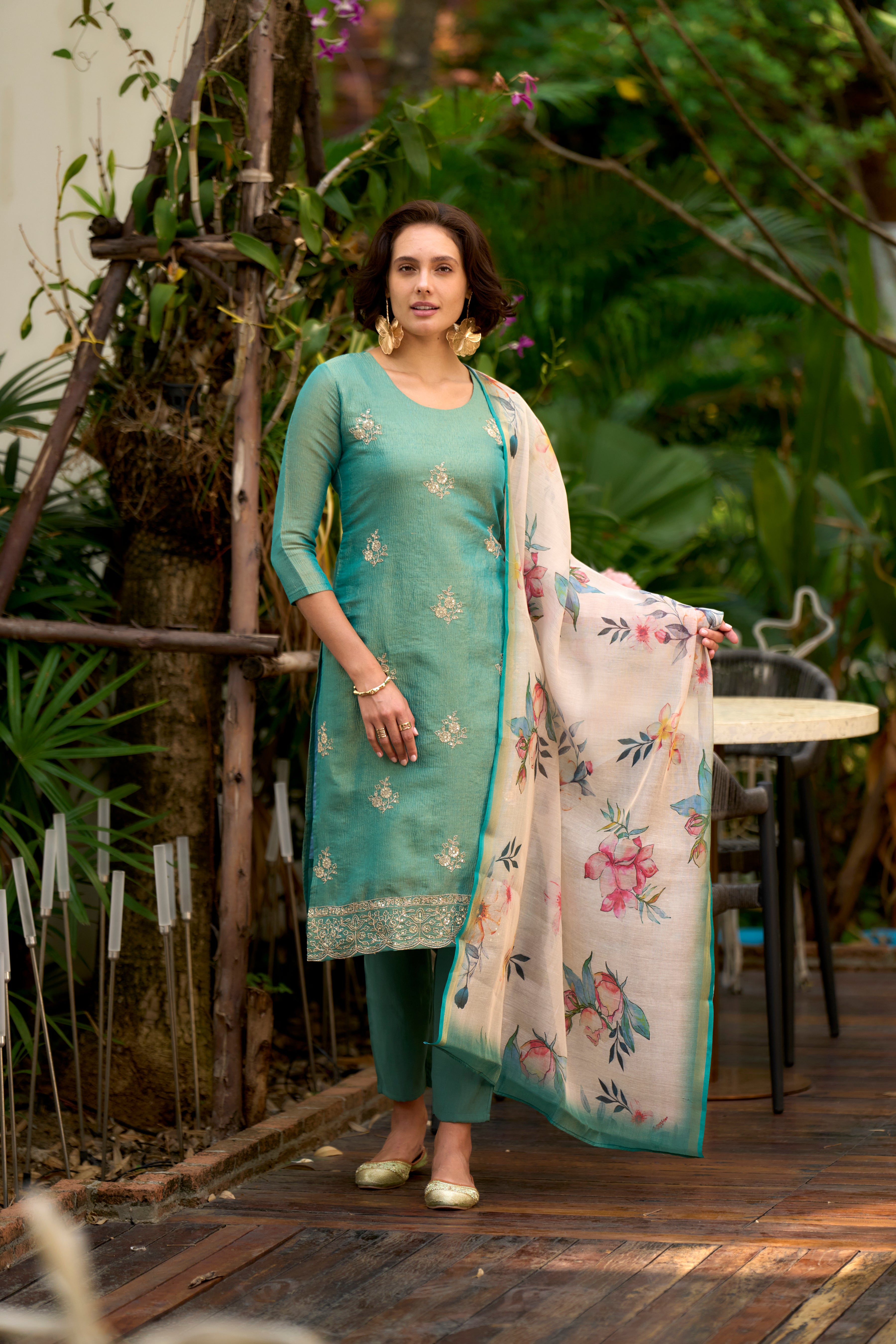 Turquoise Tissue Silk Straight Festive & Party Kurta Set by Her Couture