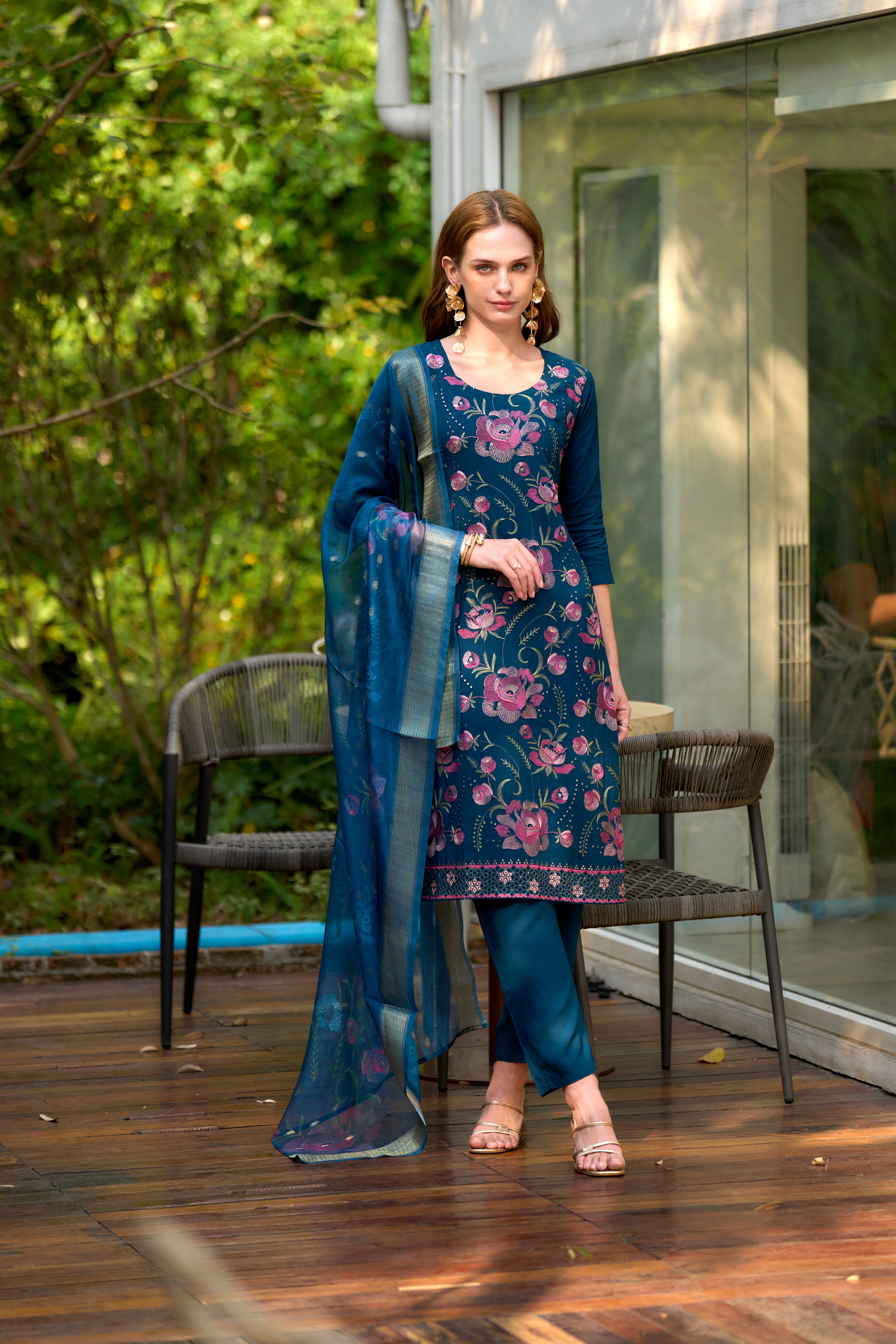Blue Rayon Straight Festive & Party Kurta Set by Her Couture