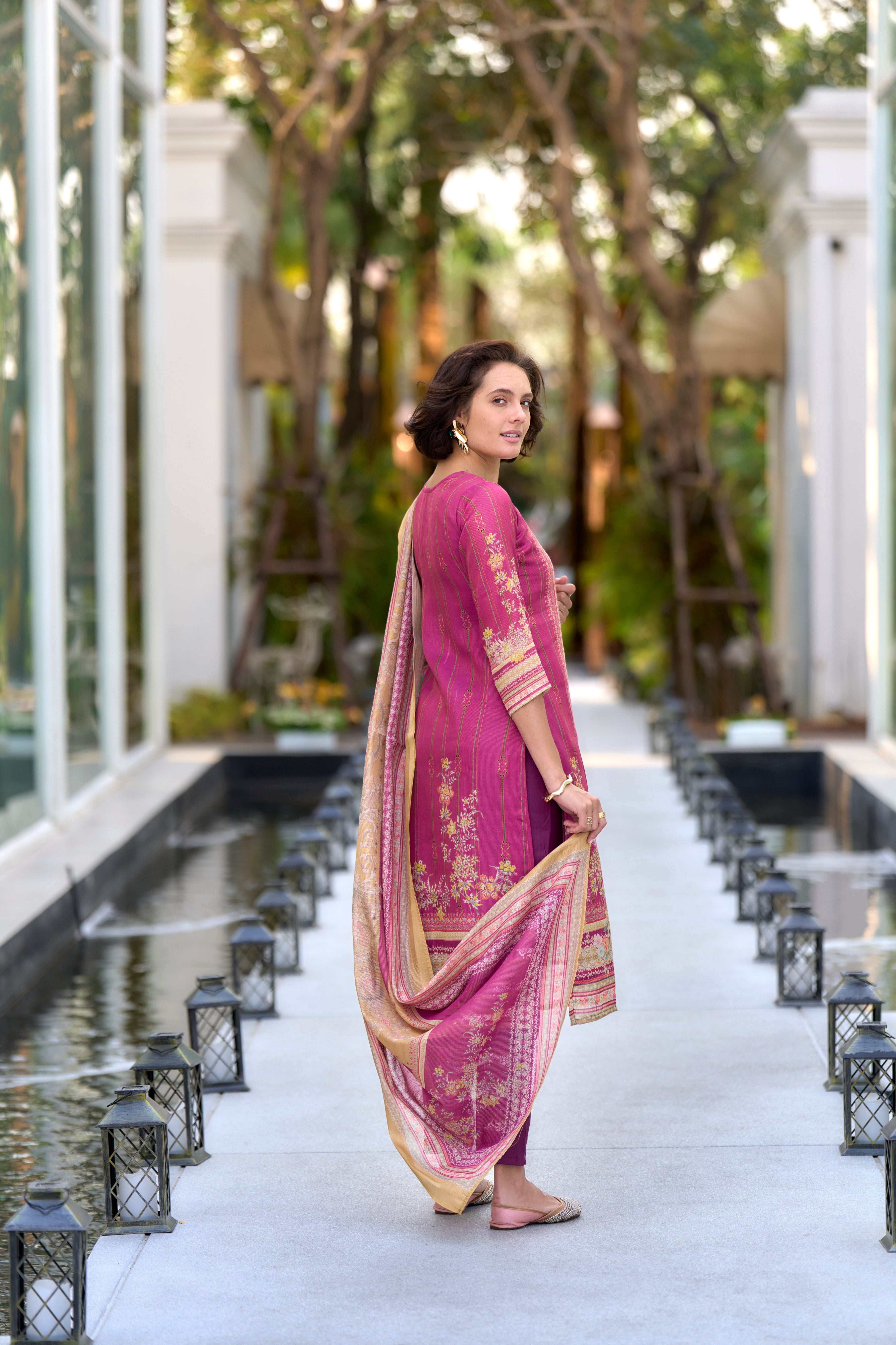 Her Couture Women's Pink Silk Blend Geometric Straight Kurta With Pant & Printed Dupatta
