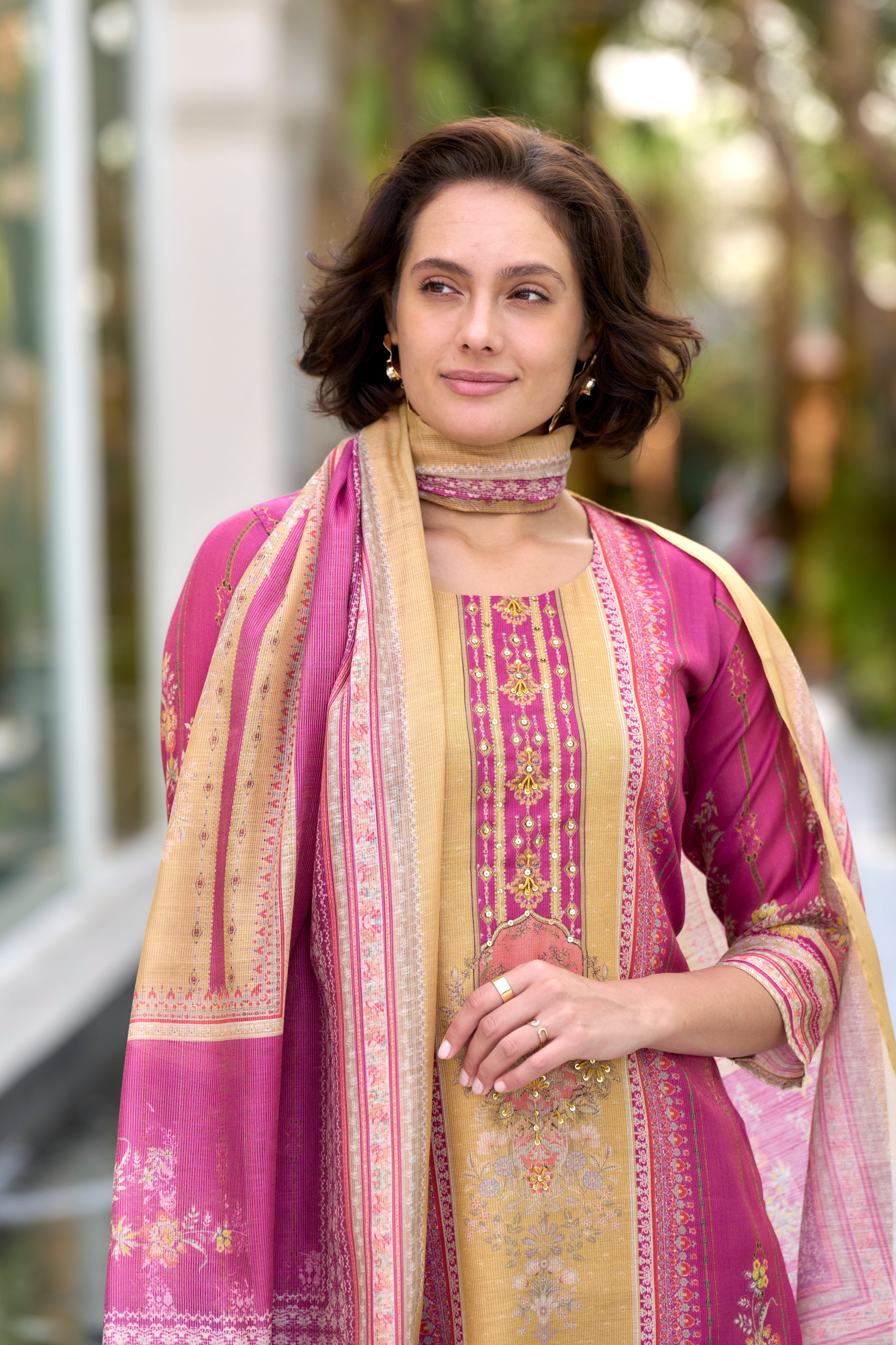 Her Couture Women's Pink Silk Blend Geometric Straight Kurta With Pant & Printed Dupatta