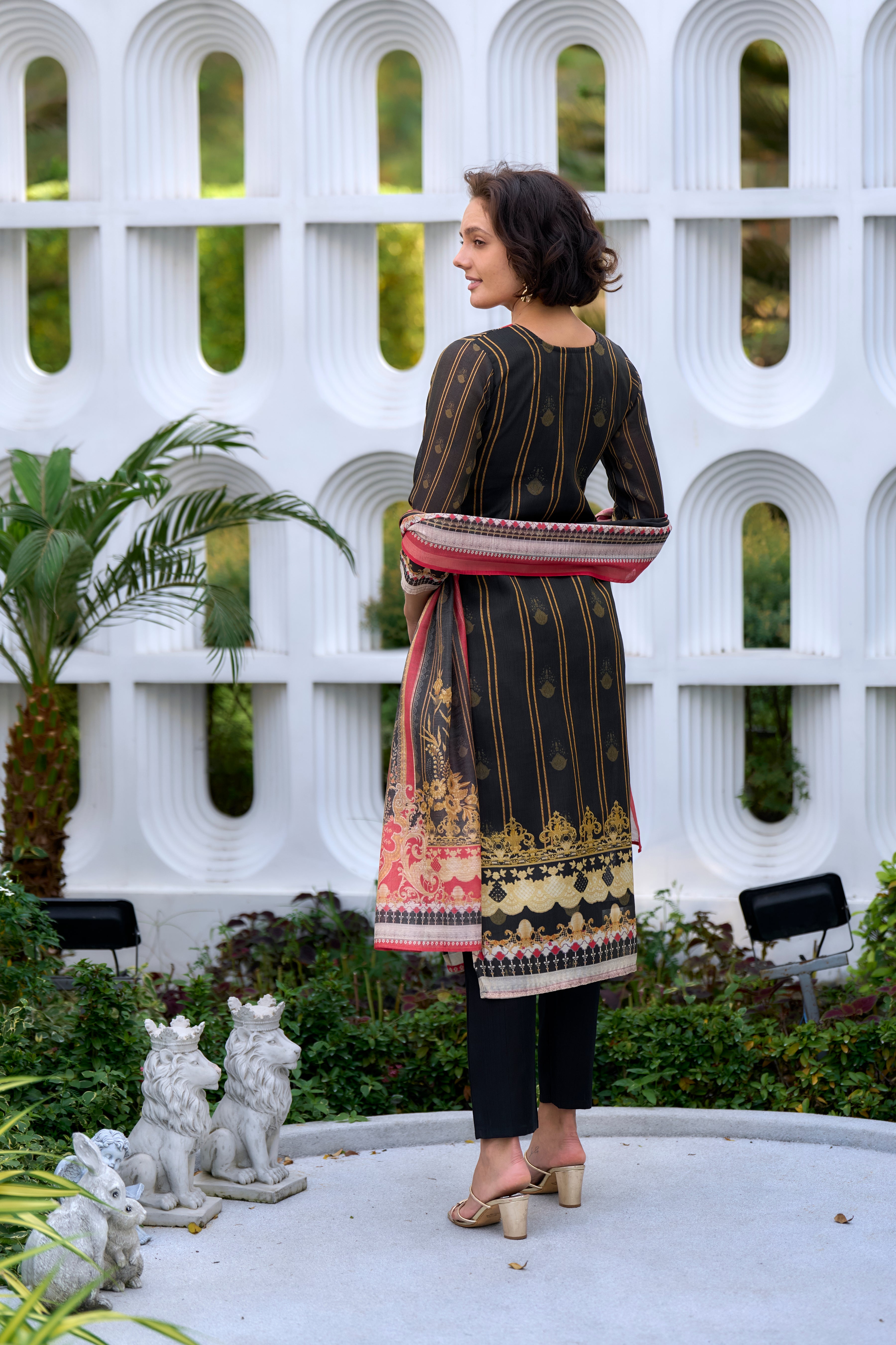 Her Couture Women's Black Silk Blend Geometric Straight Kurta With Pant & Printed Dupatta