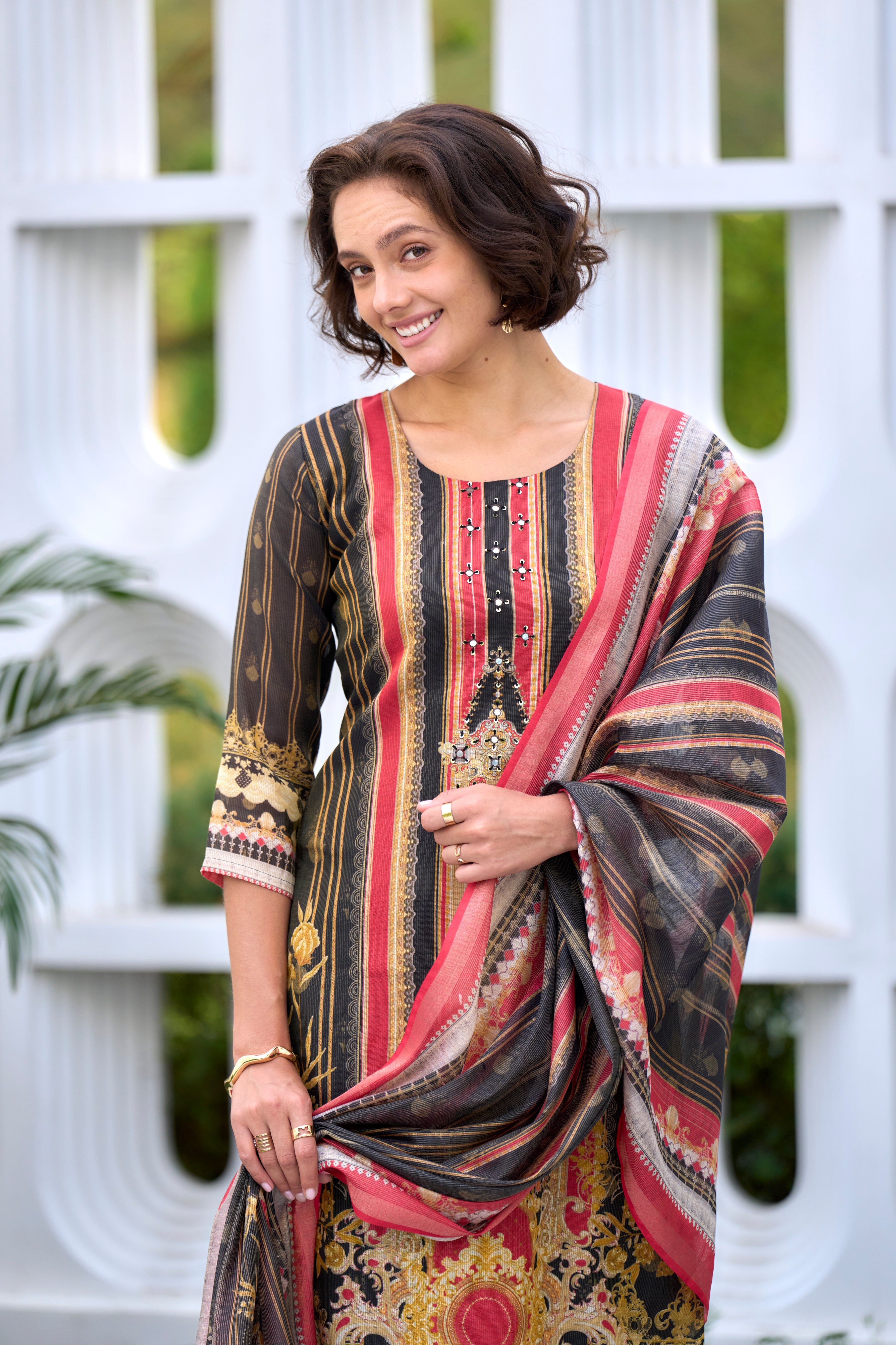 Her Couture Women's Black Silk Blend Geometric Straight Kurta With Pant & Printed Dupatta