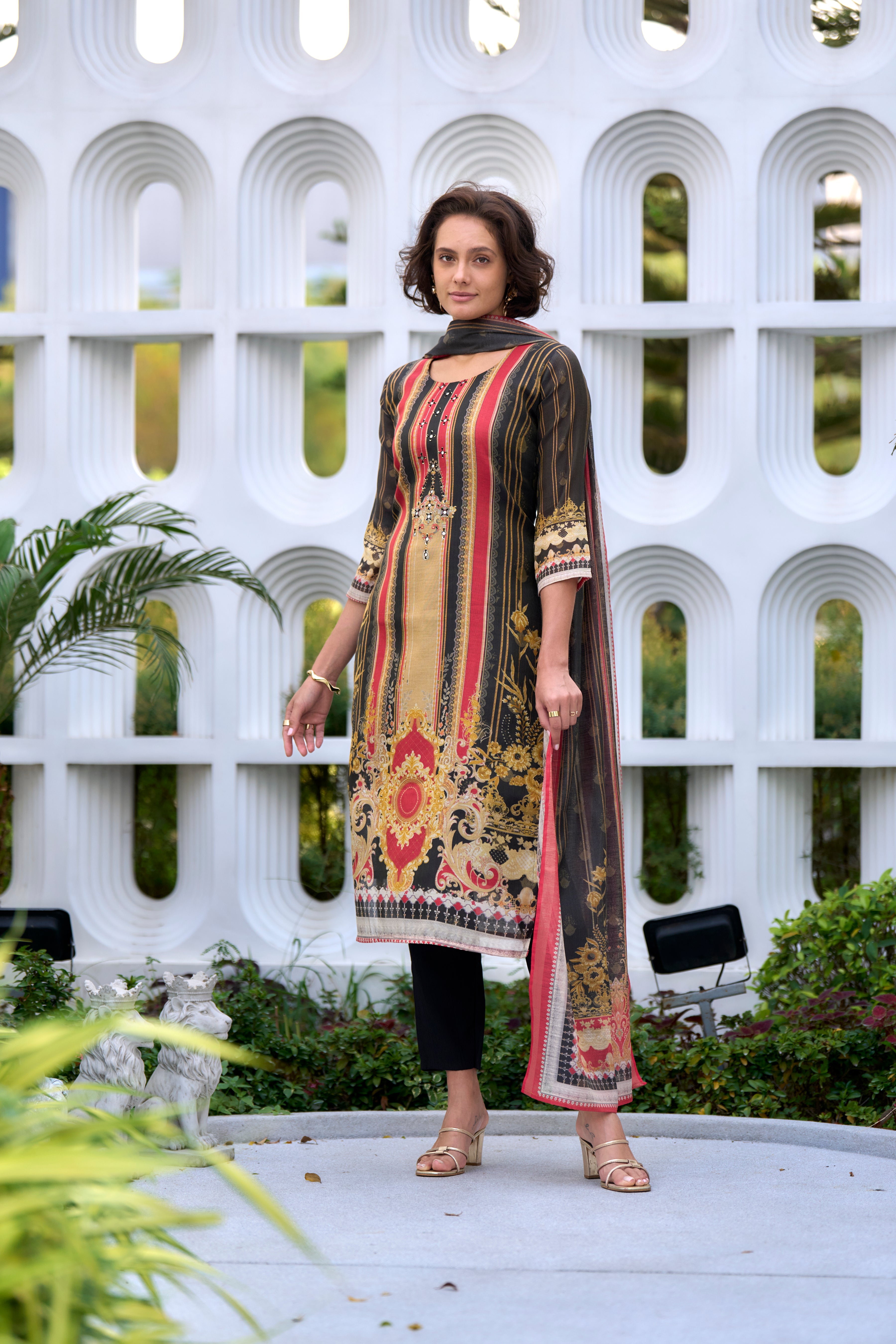 Her Couture Women's Black Silk Blend Geometric Straight Kurta With Pant & Printed Dupatta